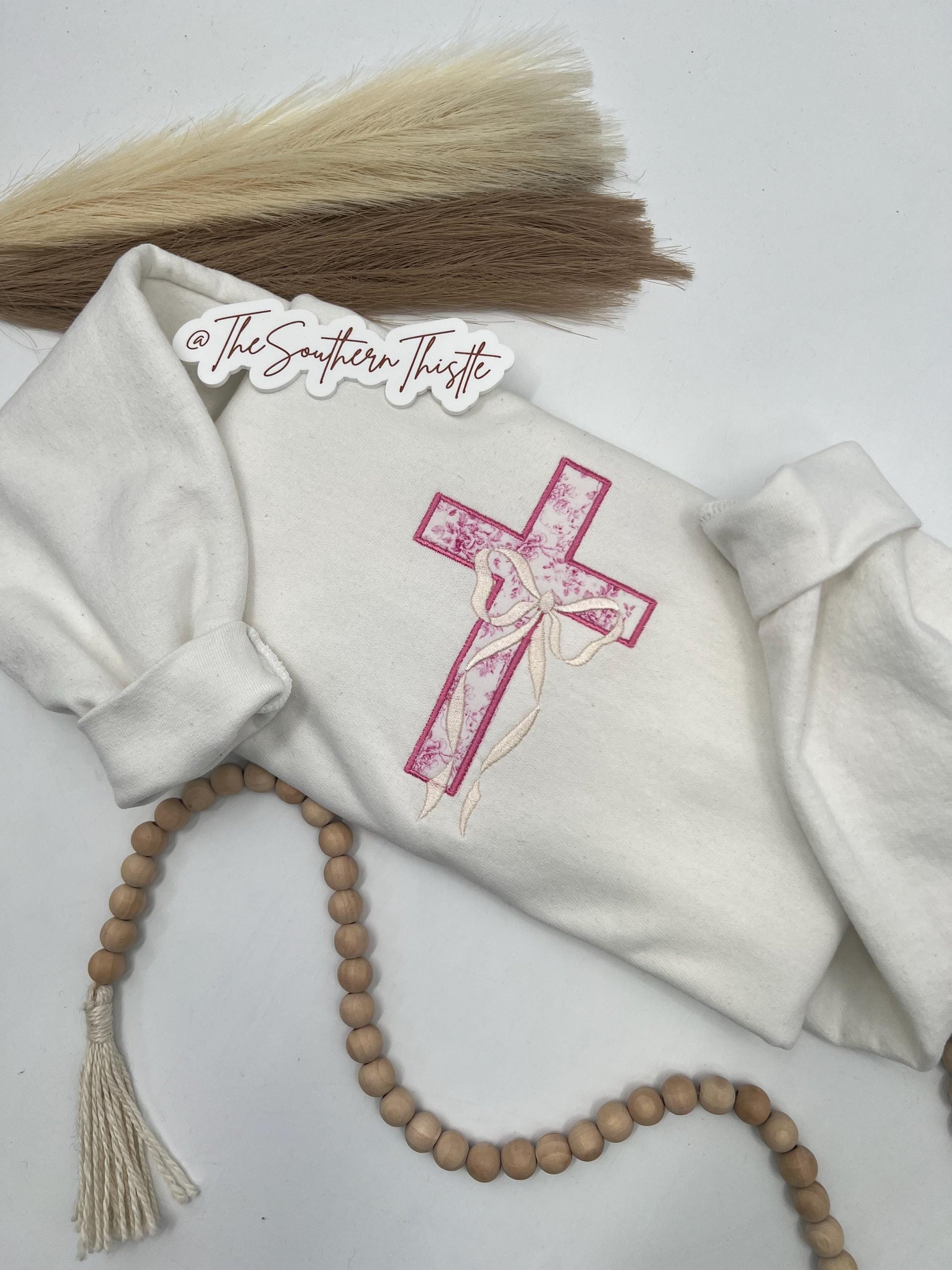 Pink Cross Embroidered Sweatshirt – Floral Faith-Inspired Crewneck