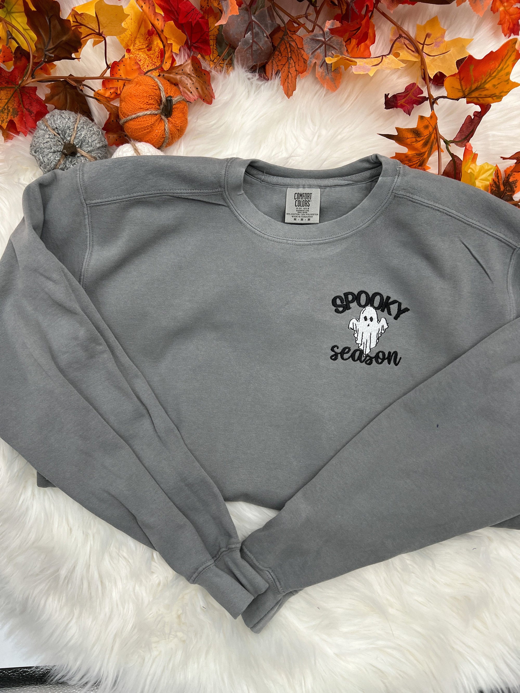 Spooky Season Ghost Embroidered Sweatshirt – Cute Ghost Halloween Crewneck