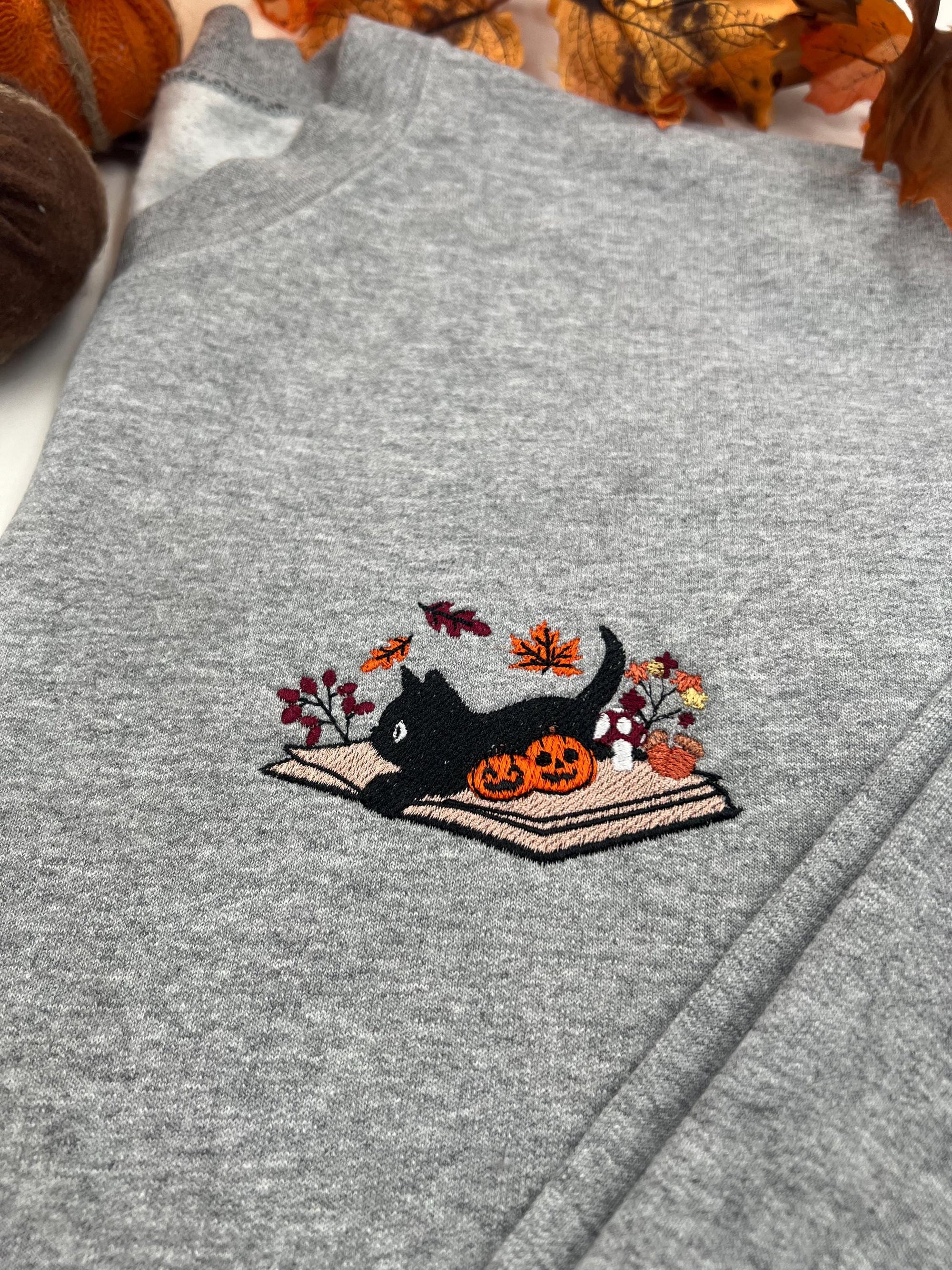 Embroidered Fall Cat Sweatshirt - Embroidered Fall, Halloween Sweatshirt, Embroidered Sweater, Embroidered Cat, Halloween Sweater