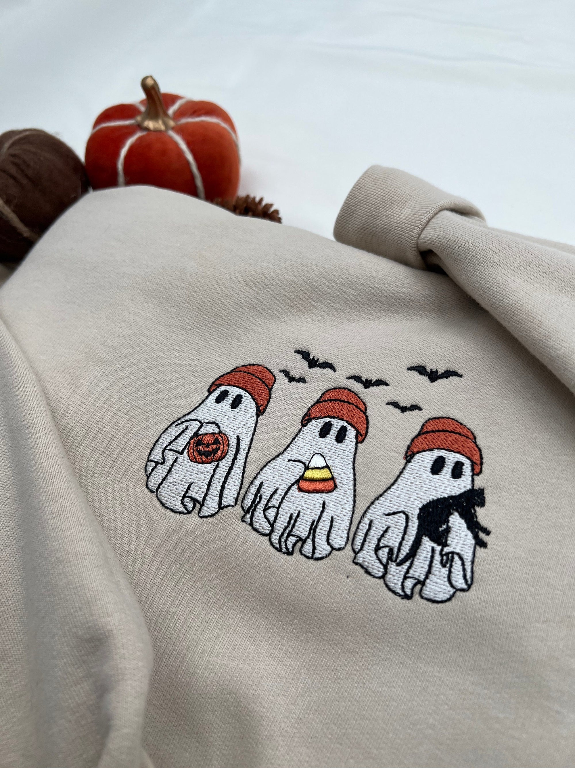 Halloween Ghost Dog Sweatshirt – Cozy Fall Pullover, Embroidered Spooky Dog Sweater, Cute Autumn Pumpkin Patch Outfit, Gift for Dog Lovers