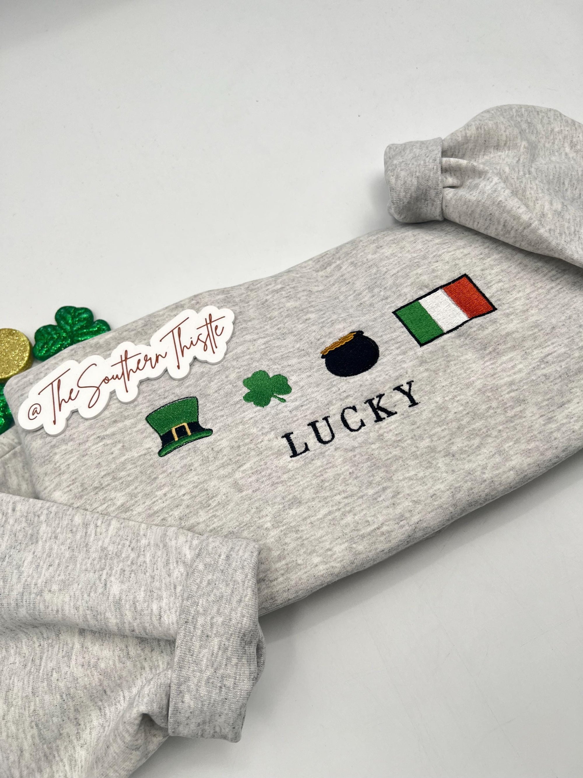 Lucky Icon Embroidered Sweatshirt – Festive Irish Symbols Crewneck