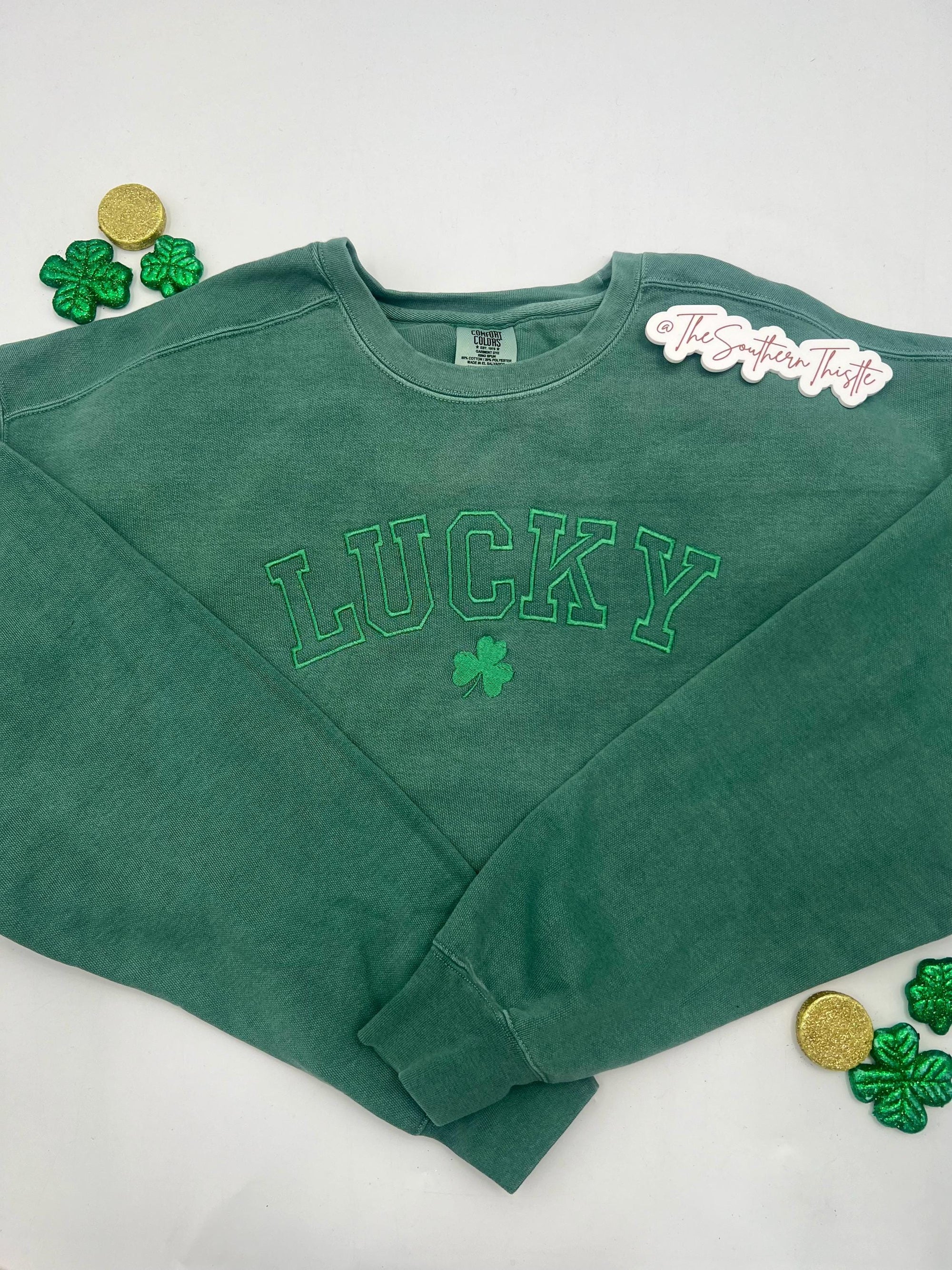 Classic Shamrock Lucky Embroidered Sweatshirt – Bold Outline Font