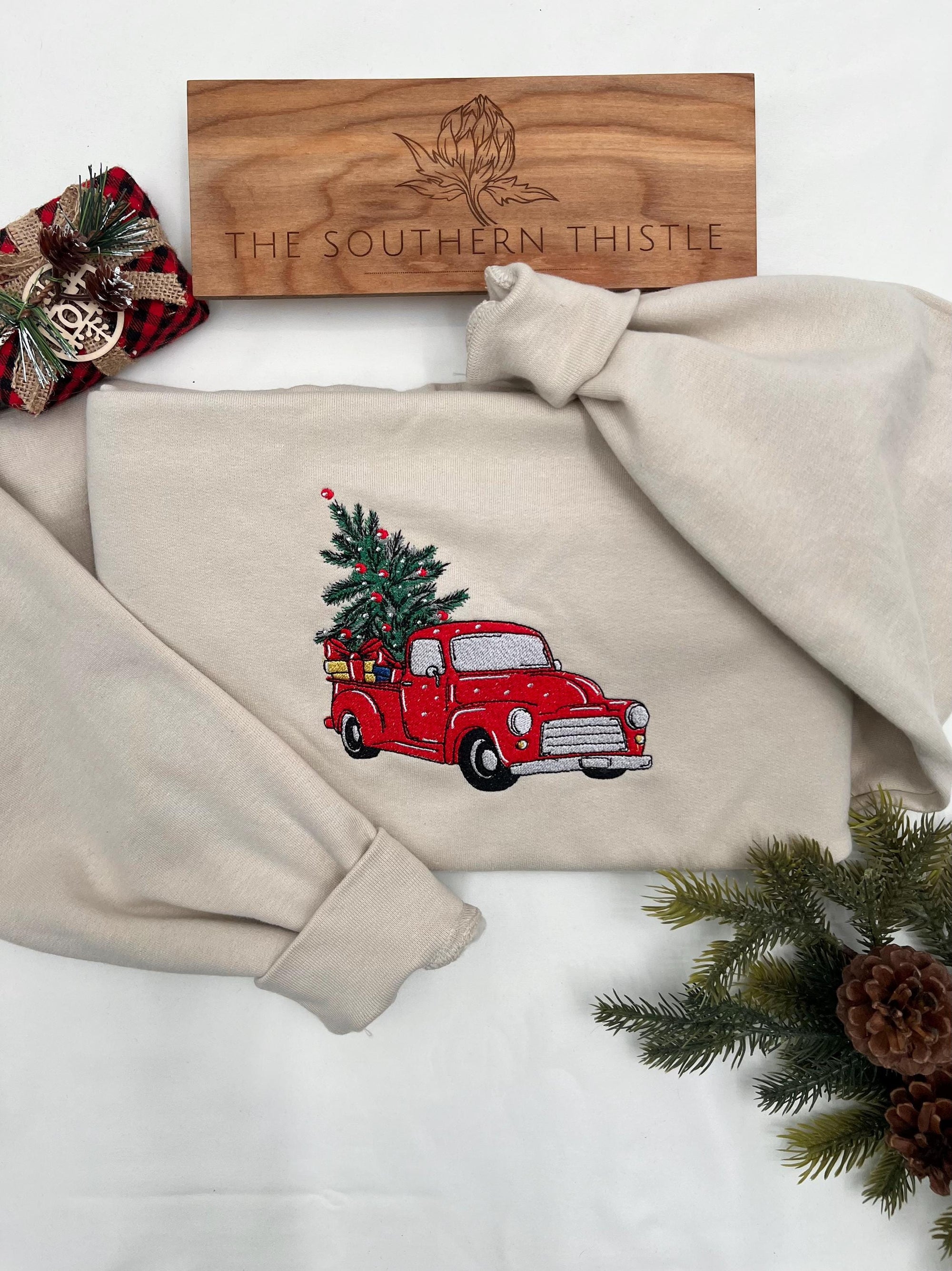 Embroidered Christmas Truck Sweatshirt - Custom Cozy Sweater Gift for Her