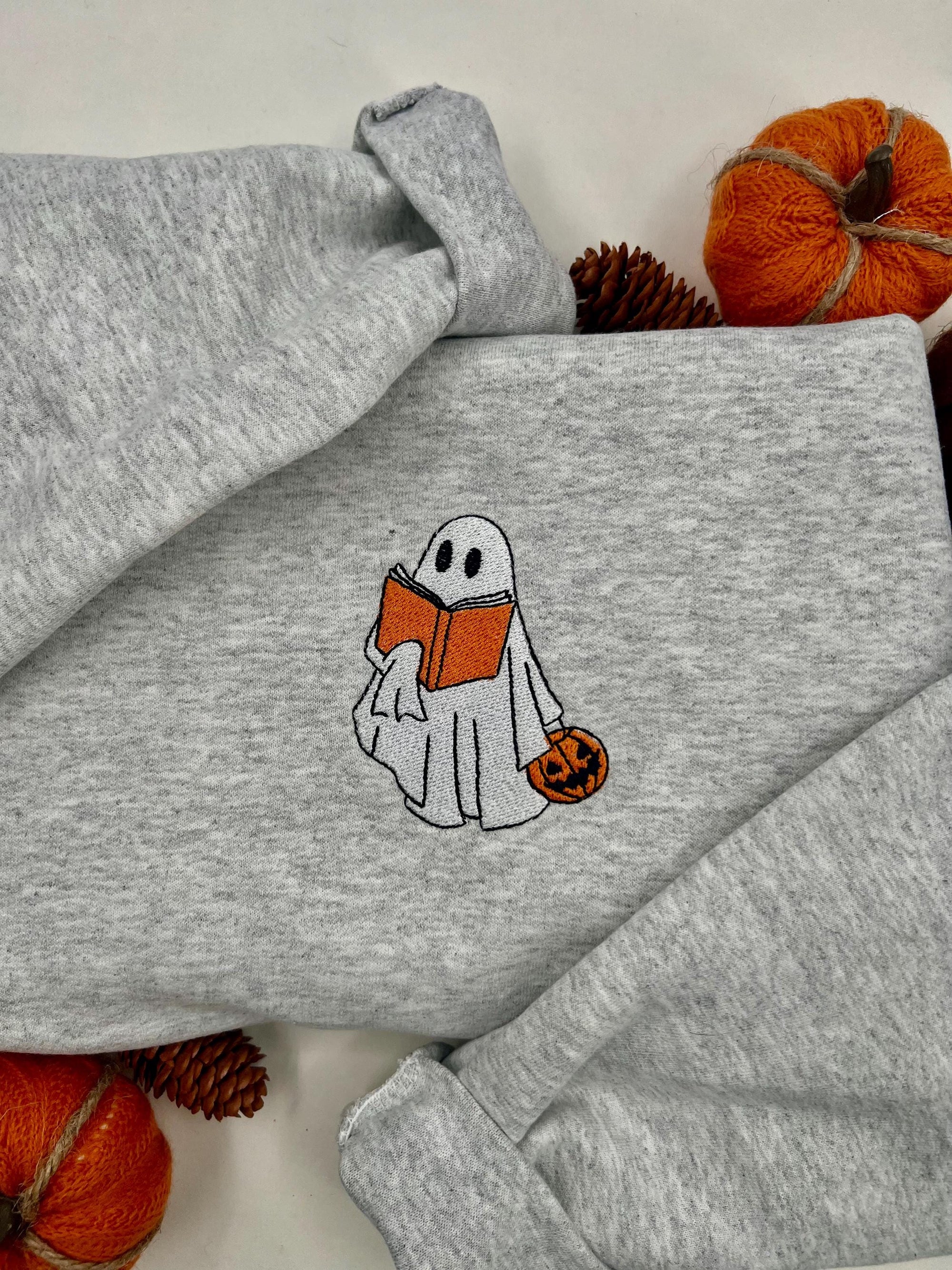 Bookworm Ghost Embroidered Sweatshirt – Cute Halloween Pullover with Pumpkin