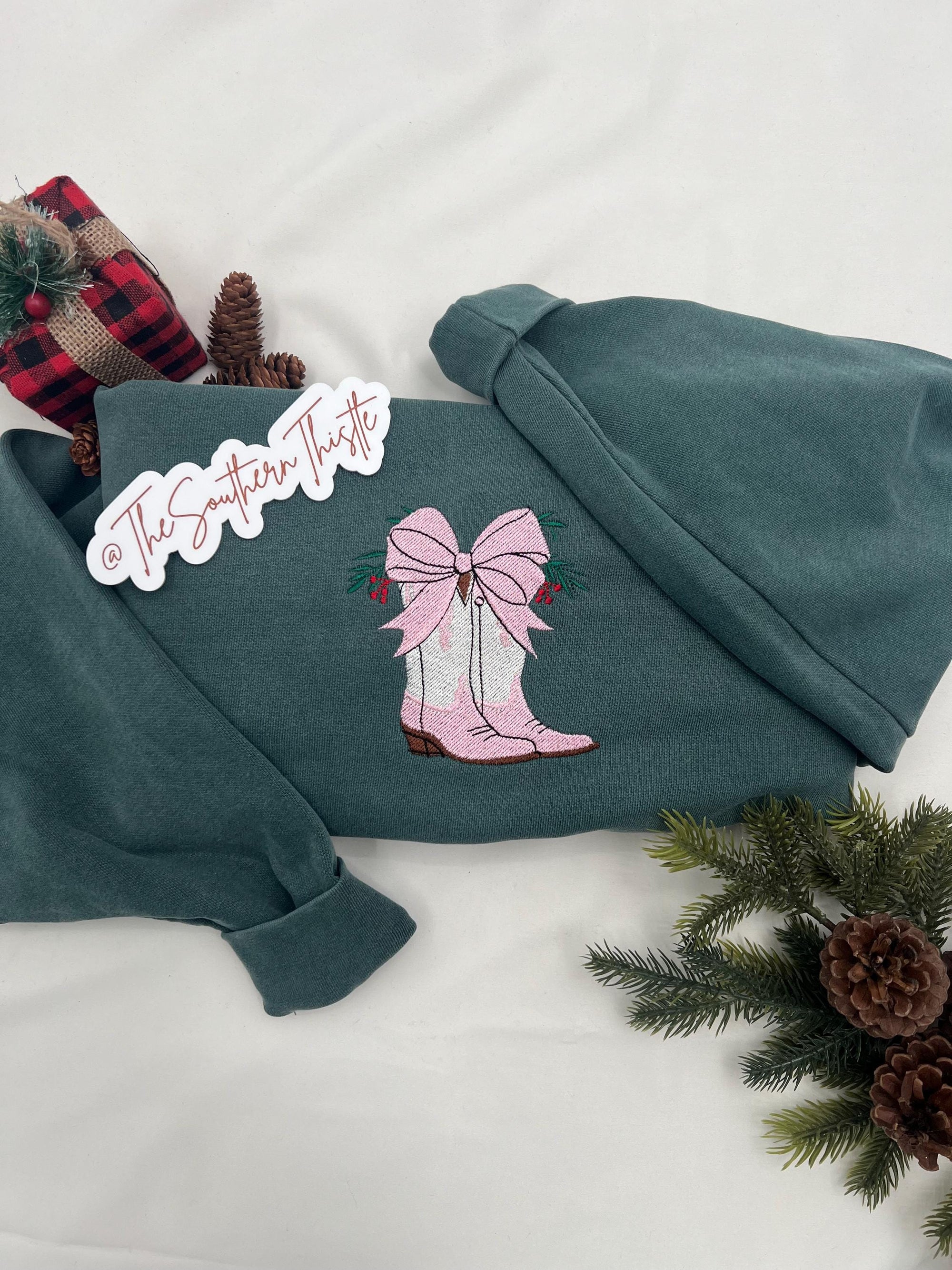 Holiday Boots Embroidered Sweatshirt - Western Christmas - Embroidered Holiday Crewneck - Festive Apparel for Women - Holiday Sweatshirt