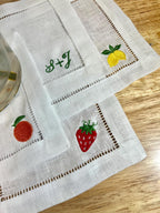 Embroidered Linen Napkins - Custom Cocktail Name Set of 6 with Fruit Design