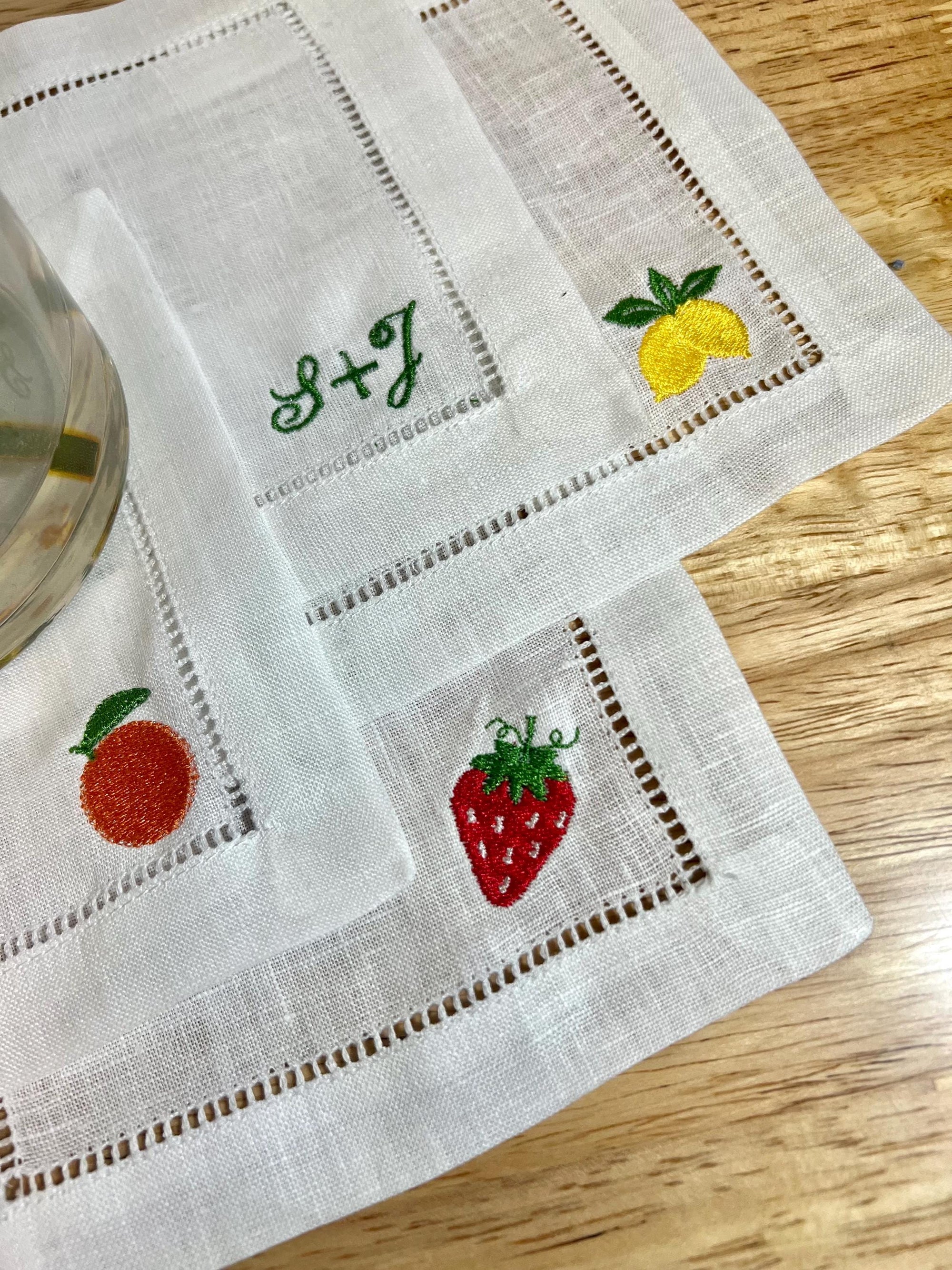 Embroidered Linen Napkins - Custom Cocktail Name Set of 6 with Fruit Design