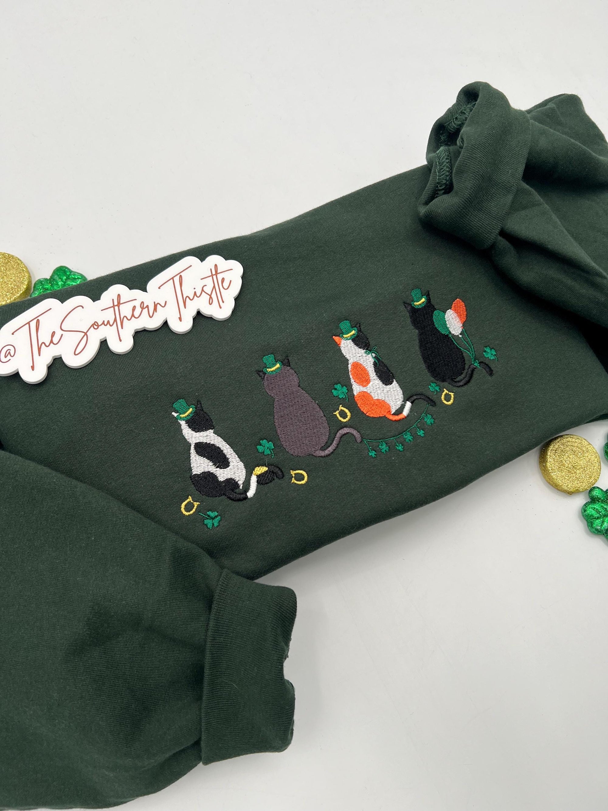 St. Patrick’s Day Lucky Cats Embroidered Sweatshirt – Festive Irish Crewneck