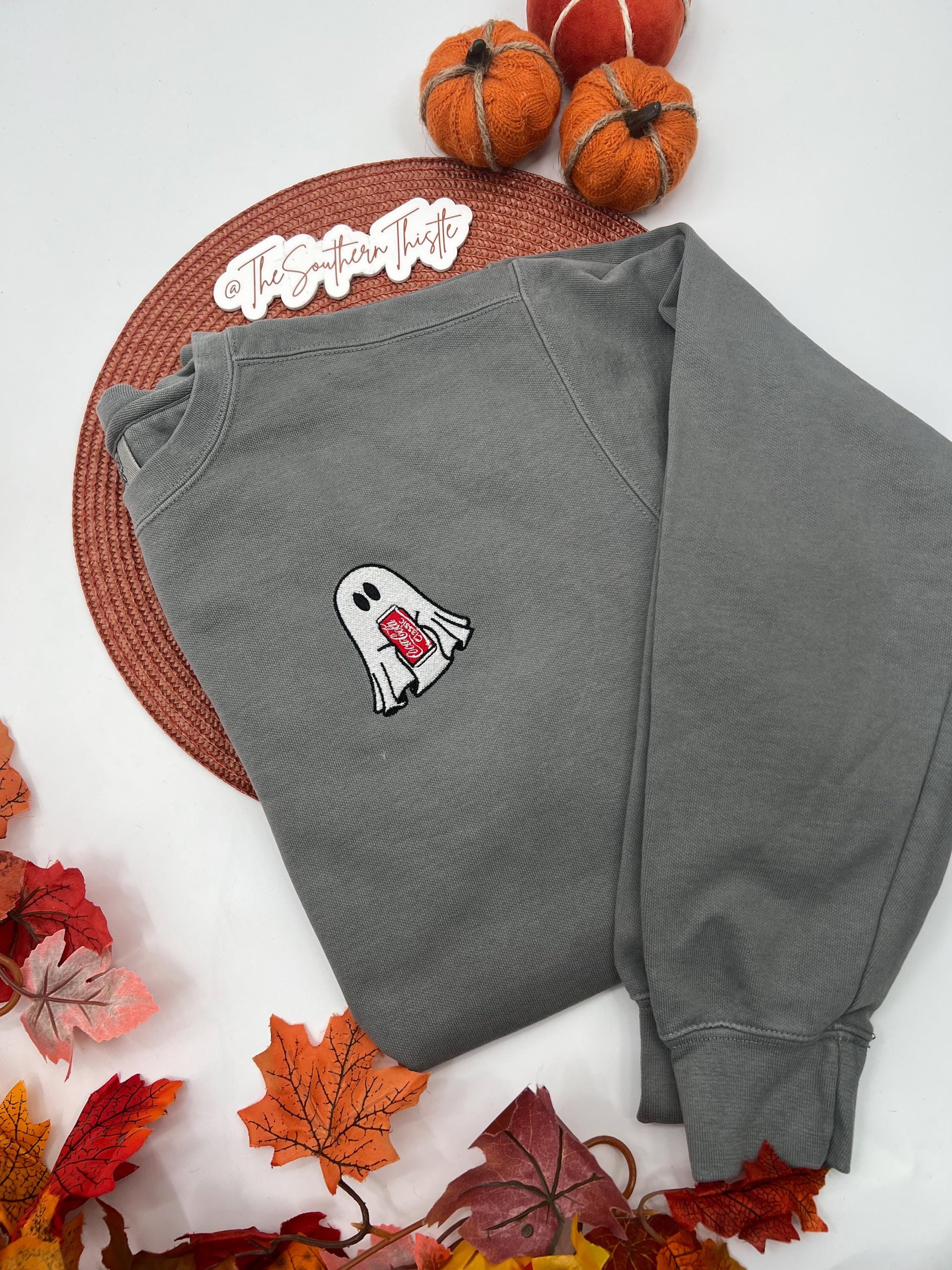 Ghost with Classic Soda Embroidered Sweatshirt – Cute Halloween Pullover