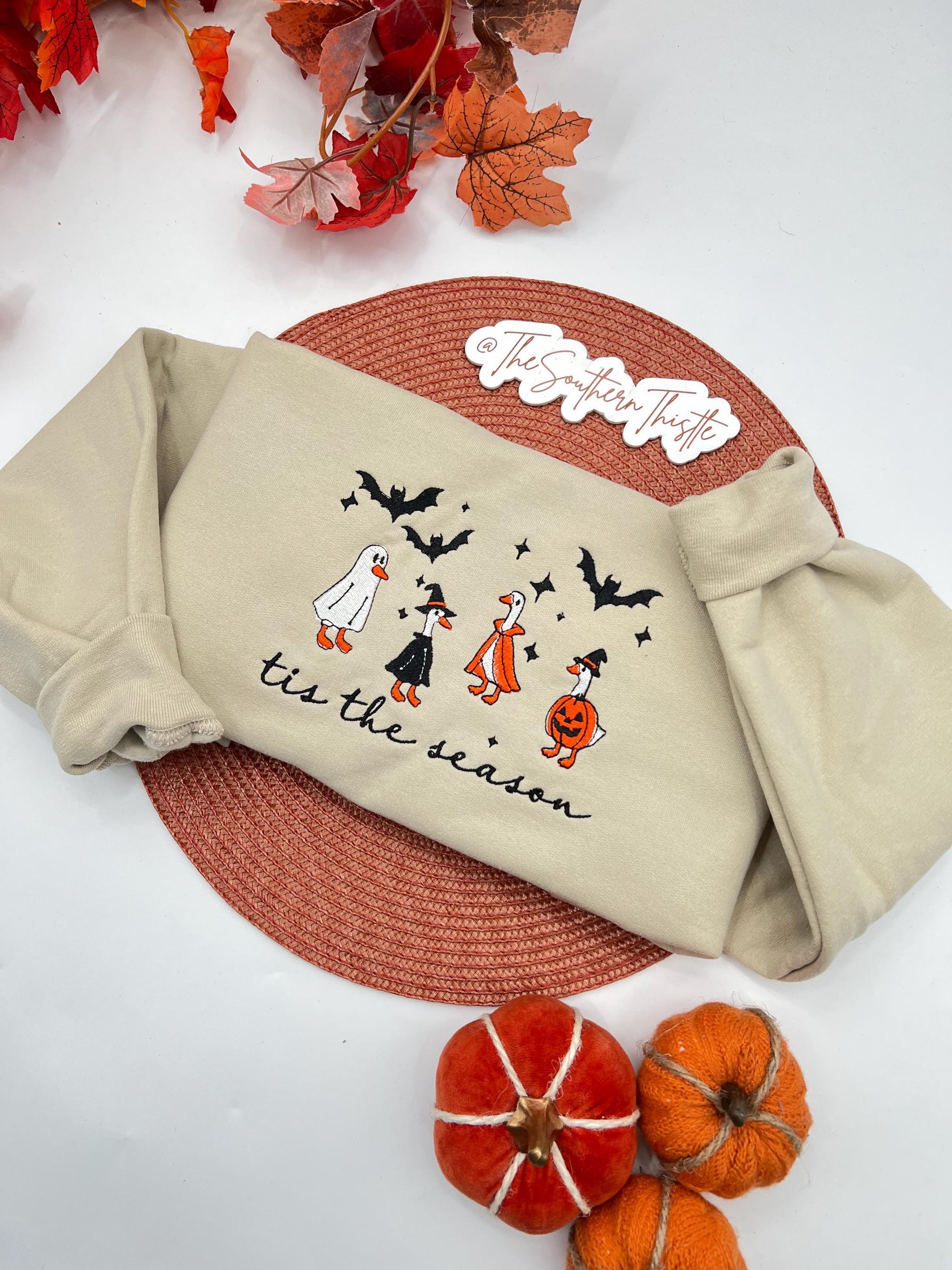 ’Tis the Season Goose Embroidered Sweatshirt – Cute Halloween Pullover with Witches and Pumpkins