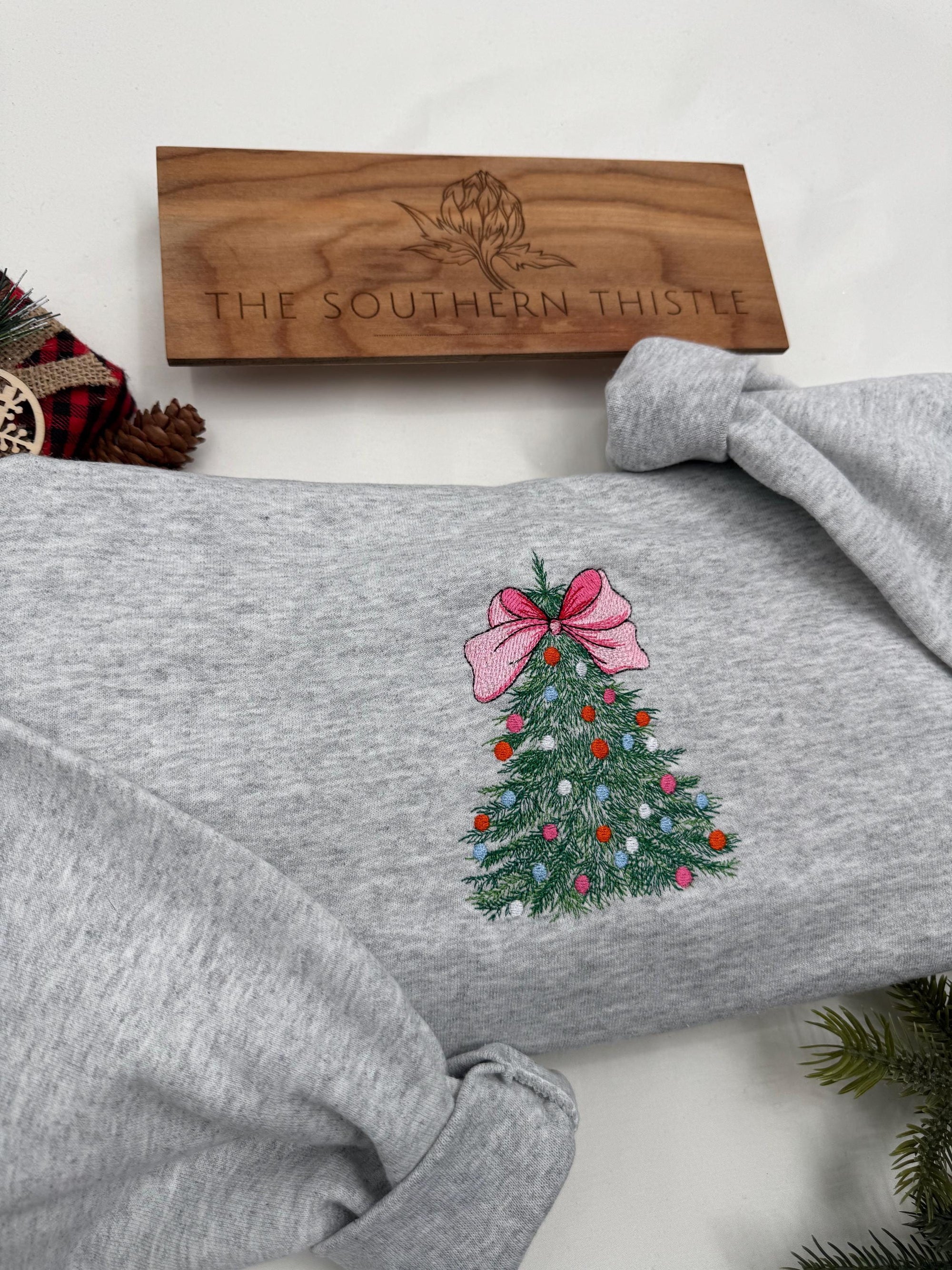Embroidered Christmas Tree Sweatshirt - Cozy Crewneck for Festive Winter Comfort