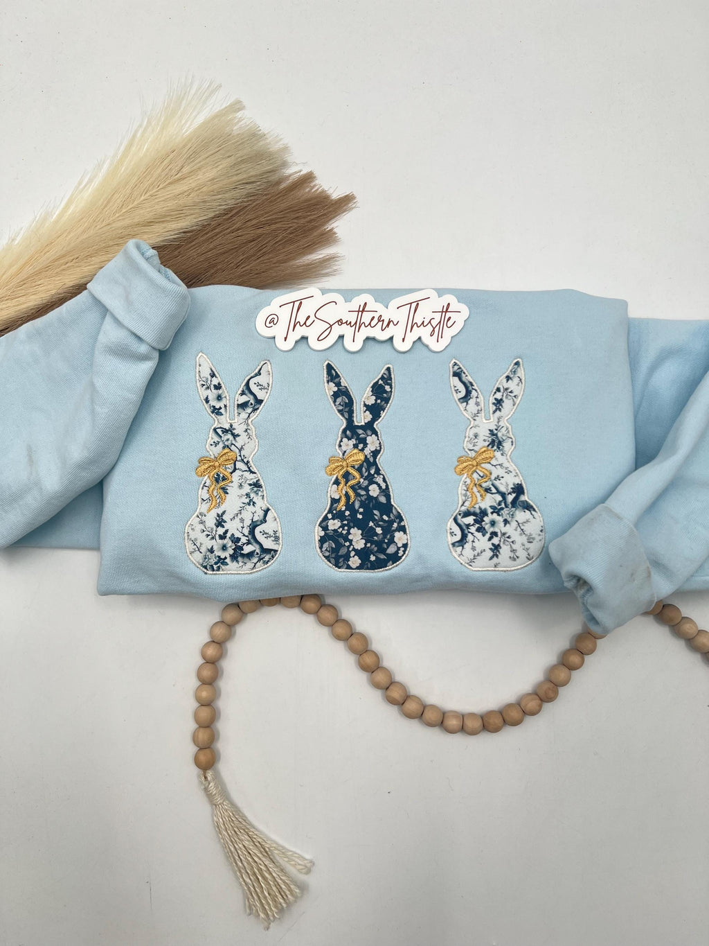 Trio of Bunnies Embroidered Sweatshirt – Spring Patchwork Bunny Design