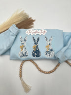 Trio of Bunnies Embroidered Sweatshirt – Spring Patchwork Bunny Design