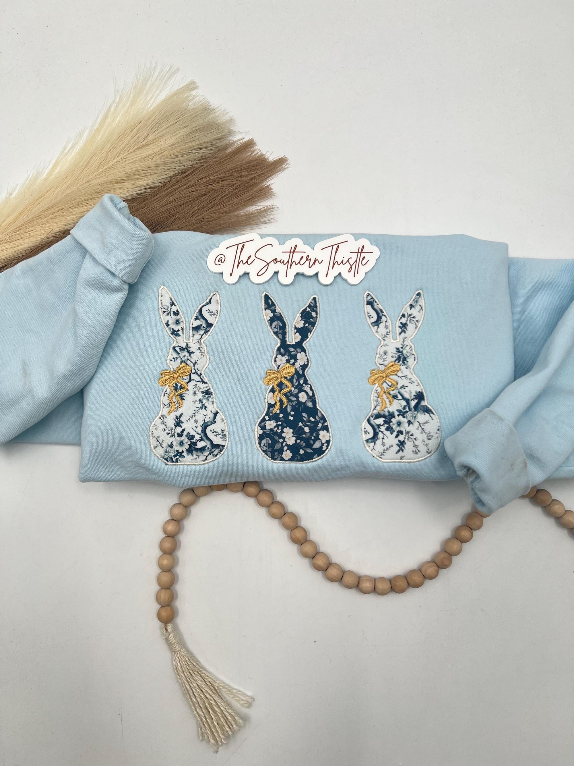 Trio of Bunnies Embroidered Sweatshirt – Spring Patchwork Bunny Design
