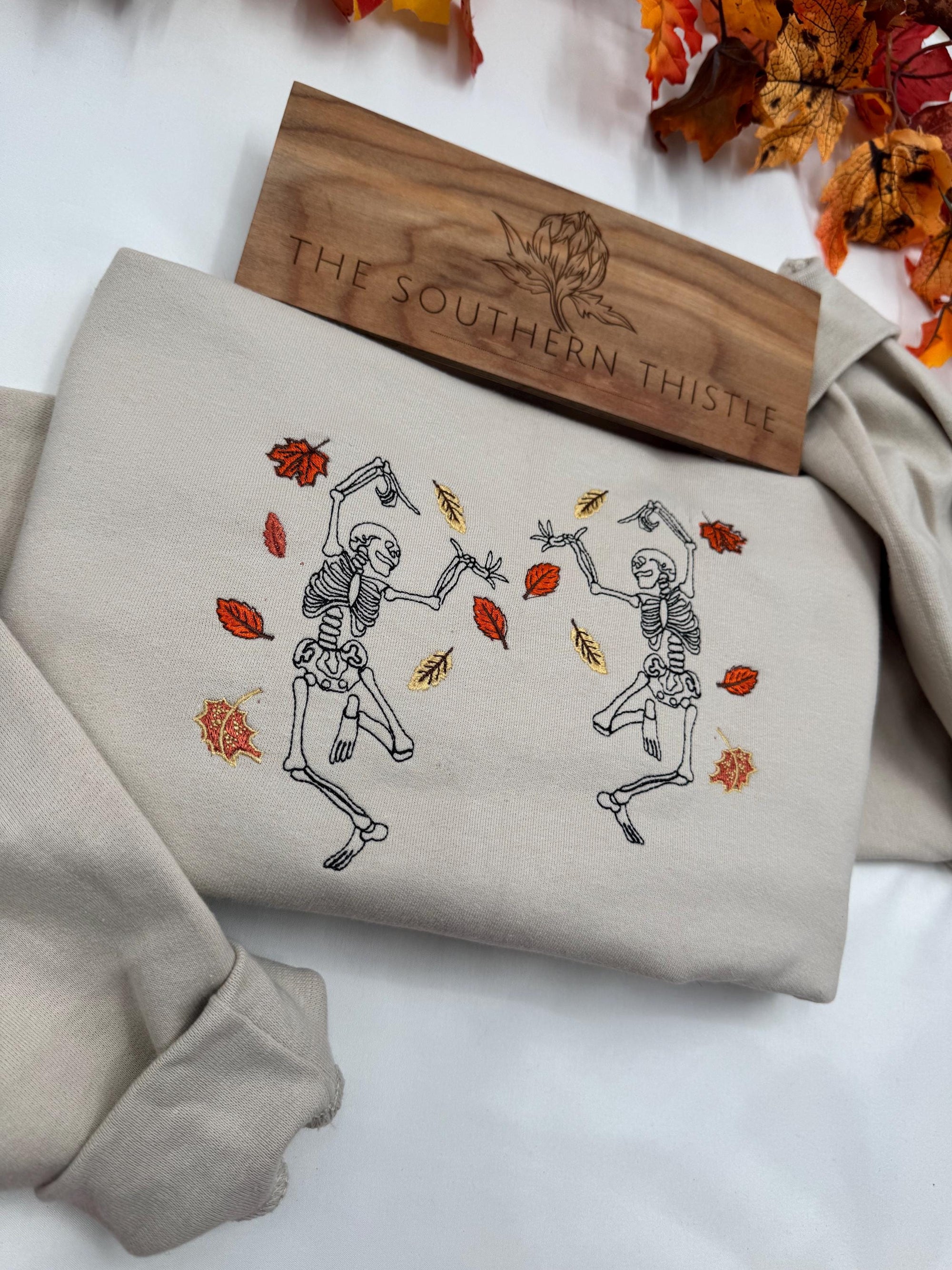 Dancing Skeletons Fall Embroidered Sweatshirt – Autumn Leaves & Bones Vibe