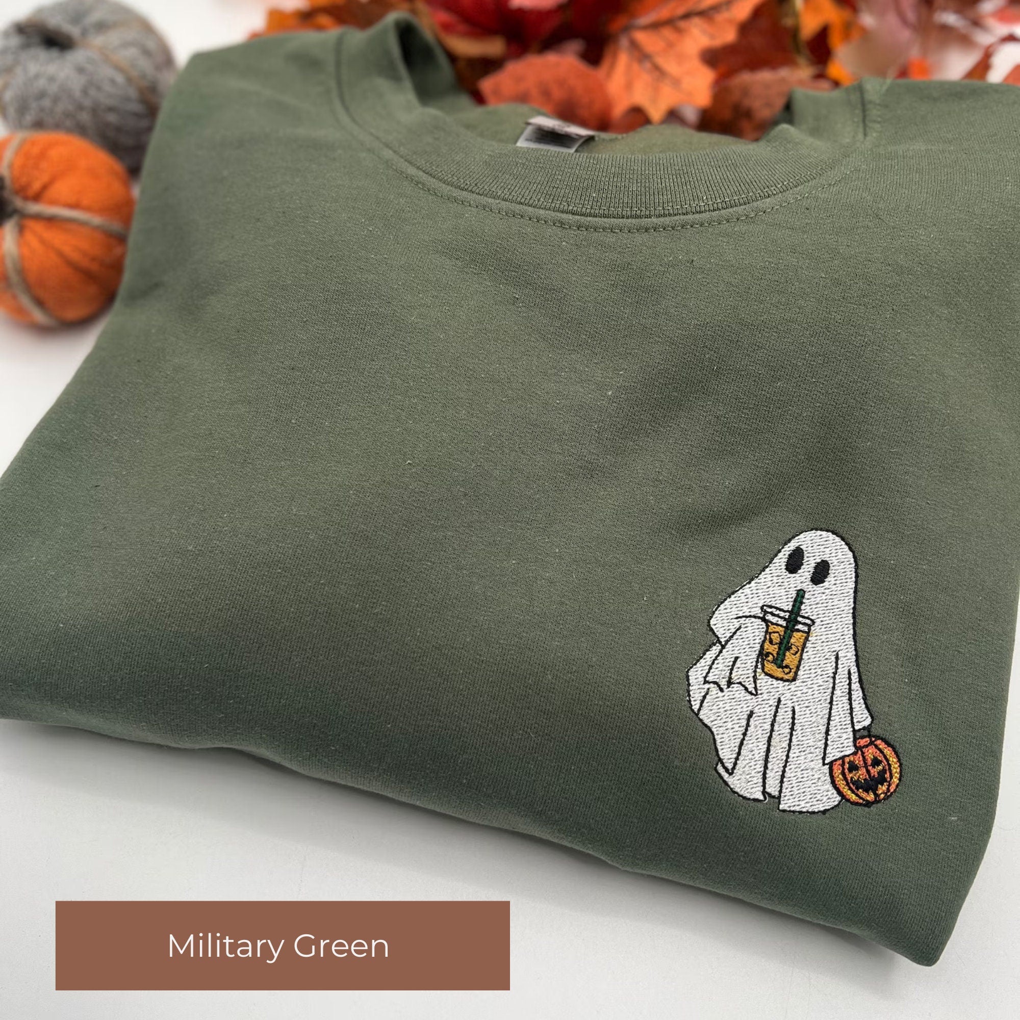 Pumpkin Ghost with Iced Coffee Embroidered Sweatshirt – Spooky Cute Halloween Pullover