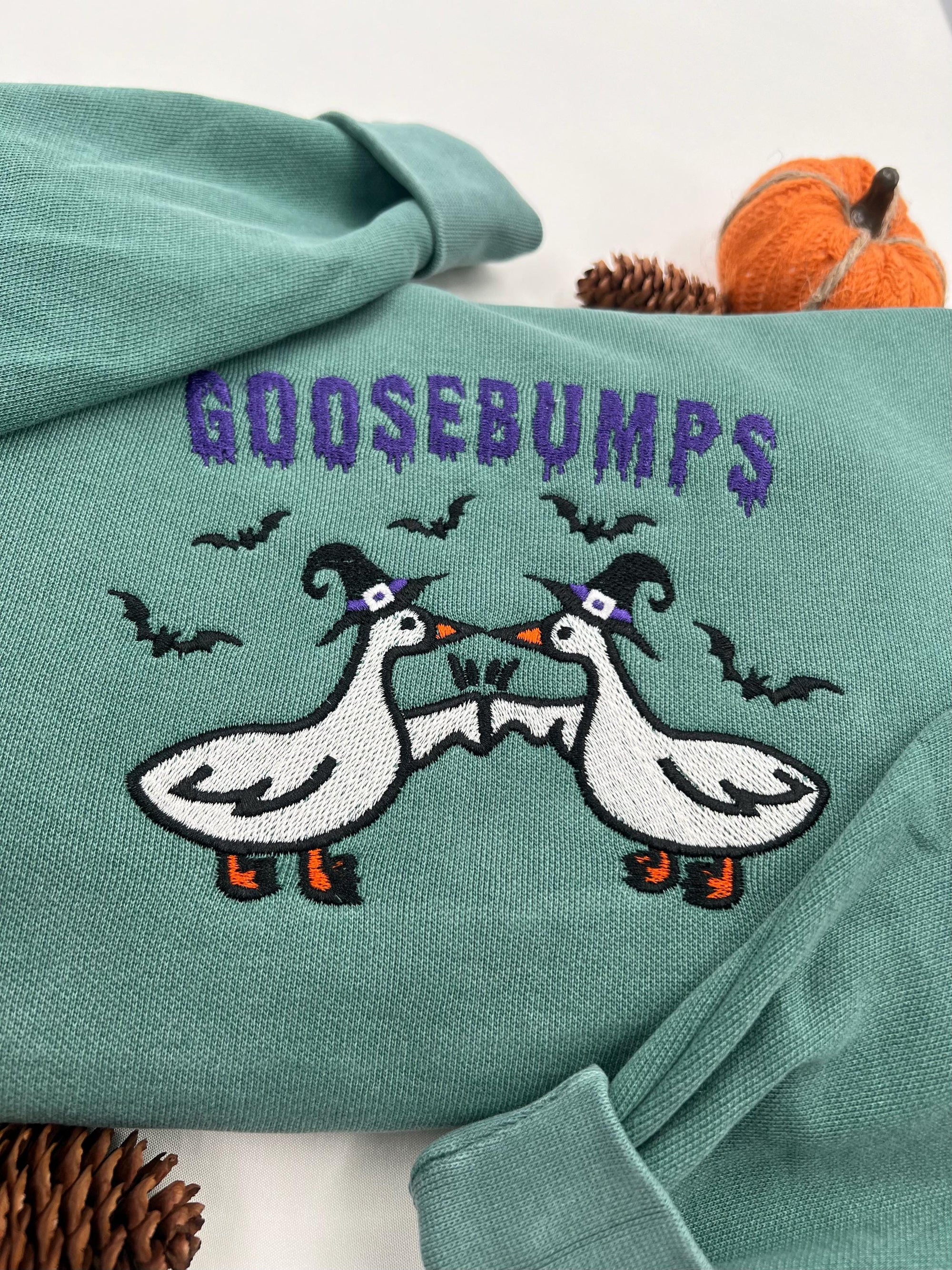 Goosebumps Halloween Sweatshirt – Embroidered Goose with Witch Hats and Bats Pullover