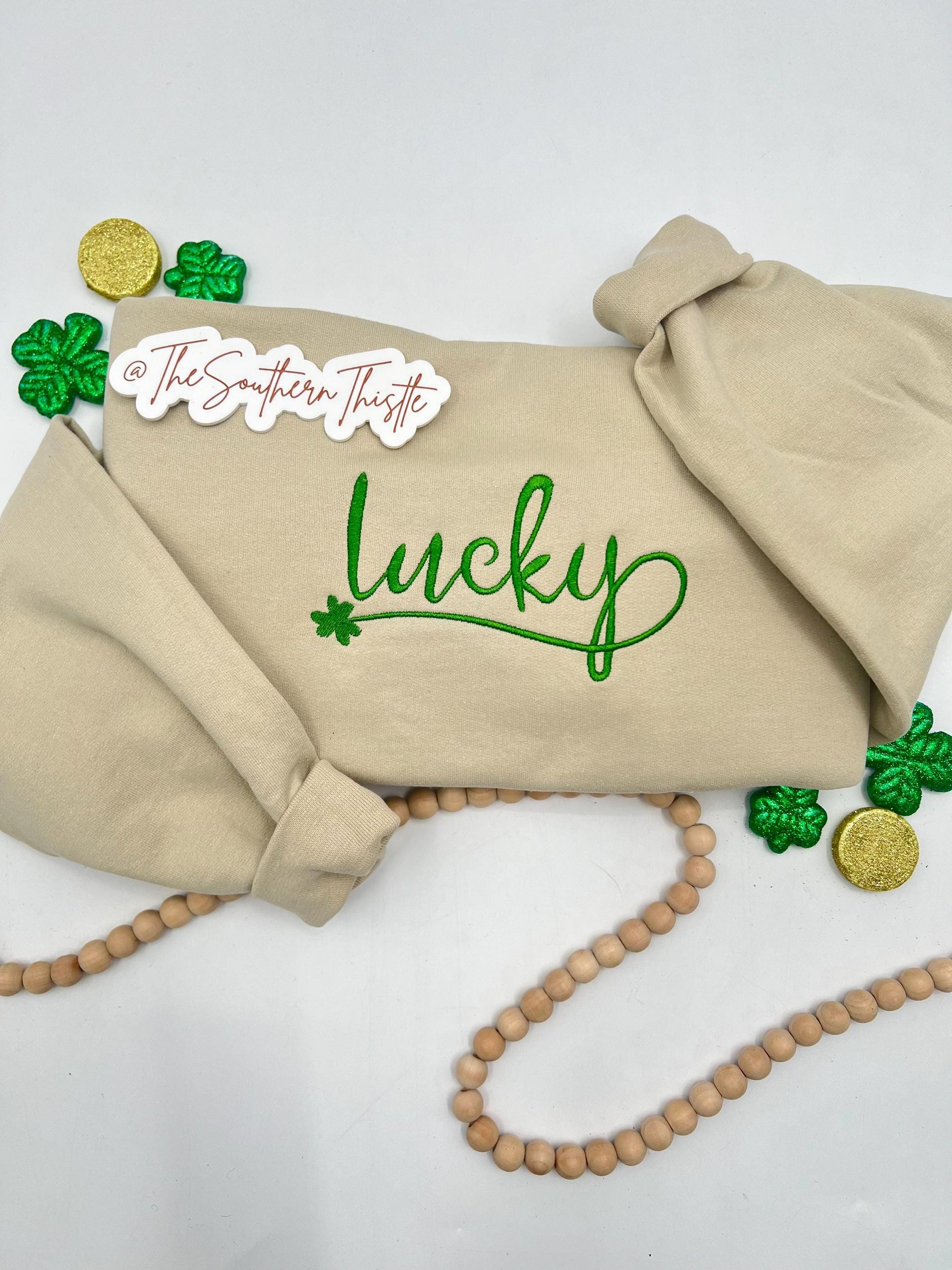 Lucky Script Embroidered Sweatshirt – Simple St. Patrick’s Day Crewneck