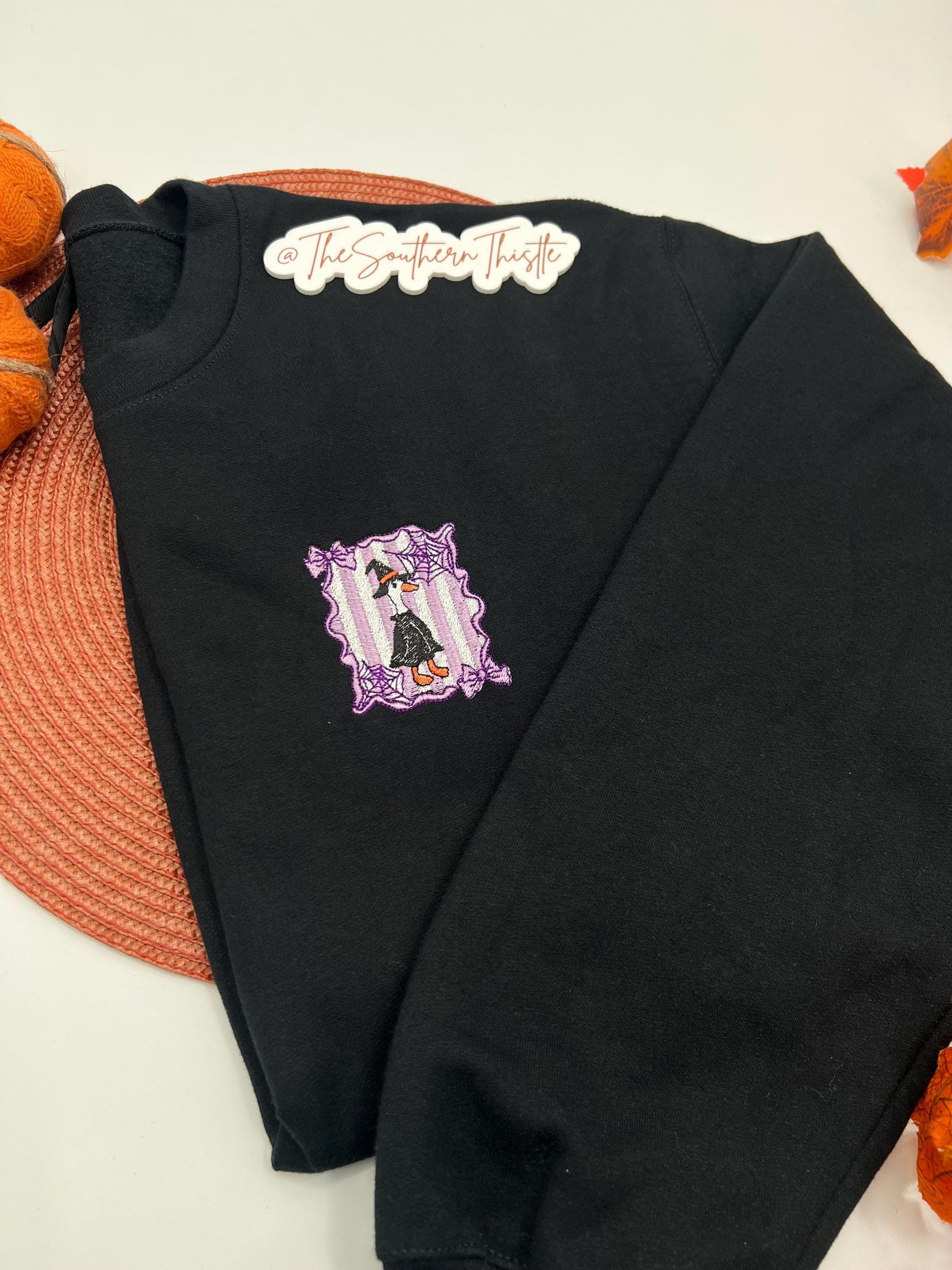 Witch Ghost Stamped Embroidered Sweatshirt – Cute Spooky Season Pullover