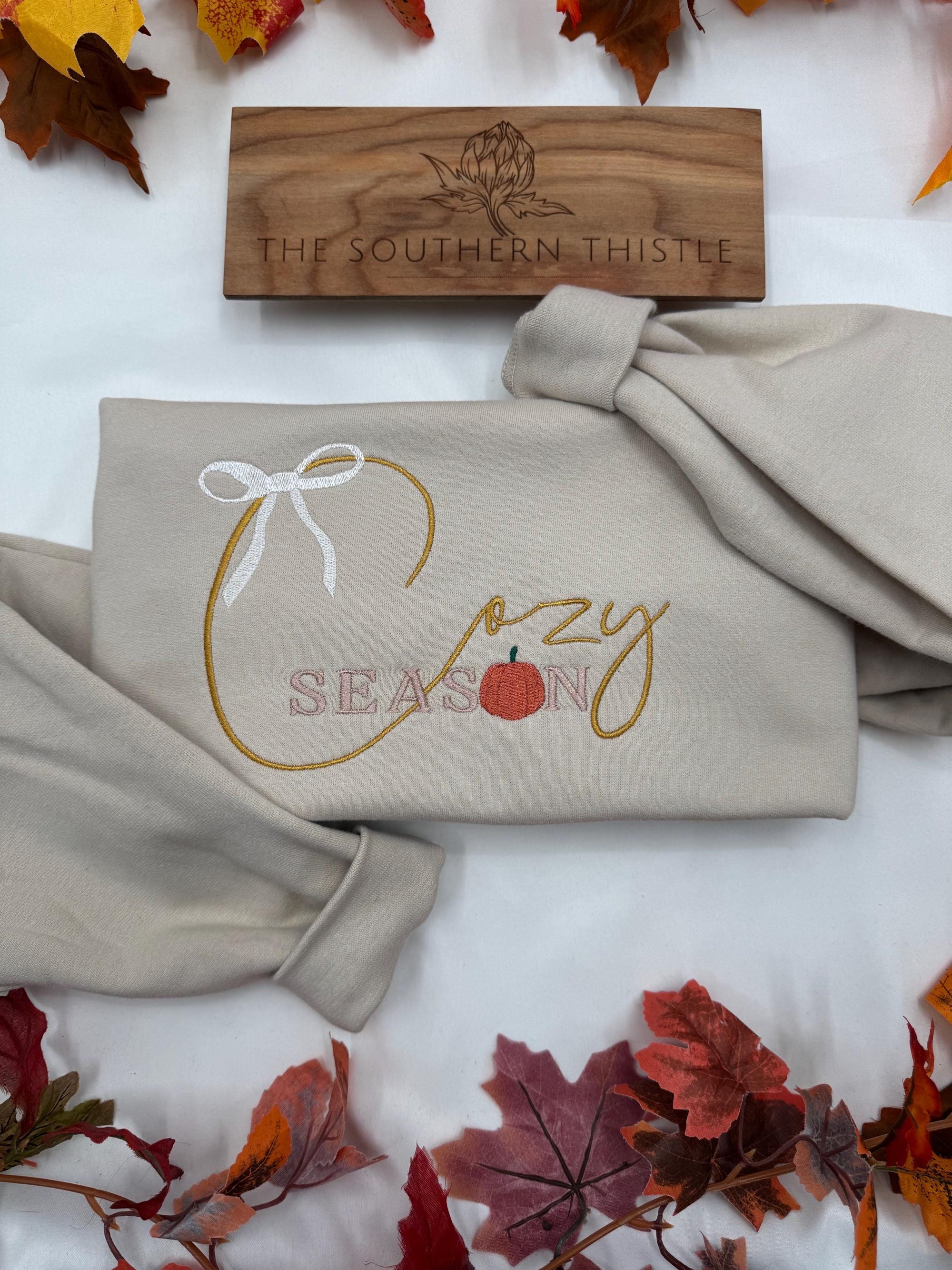 Cozy Season Embroidered Sweatshirt – Fall Script with Pumpkin Detail