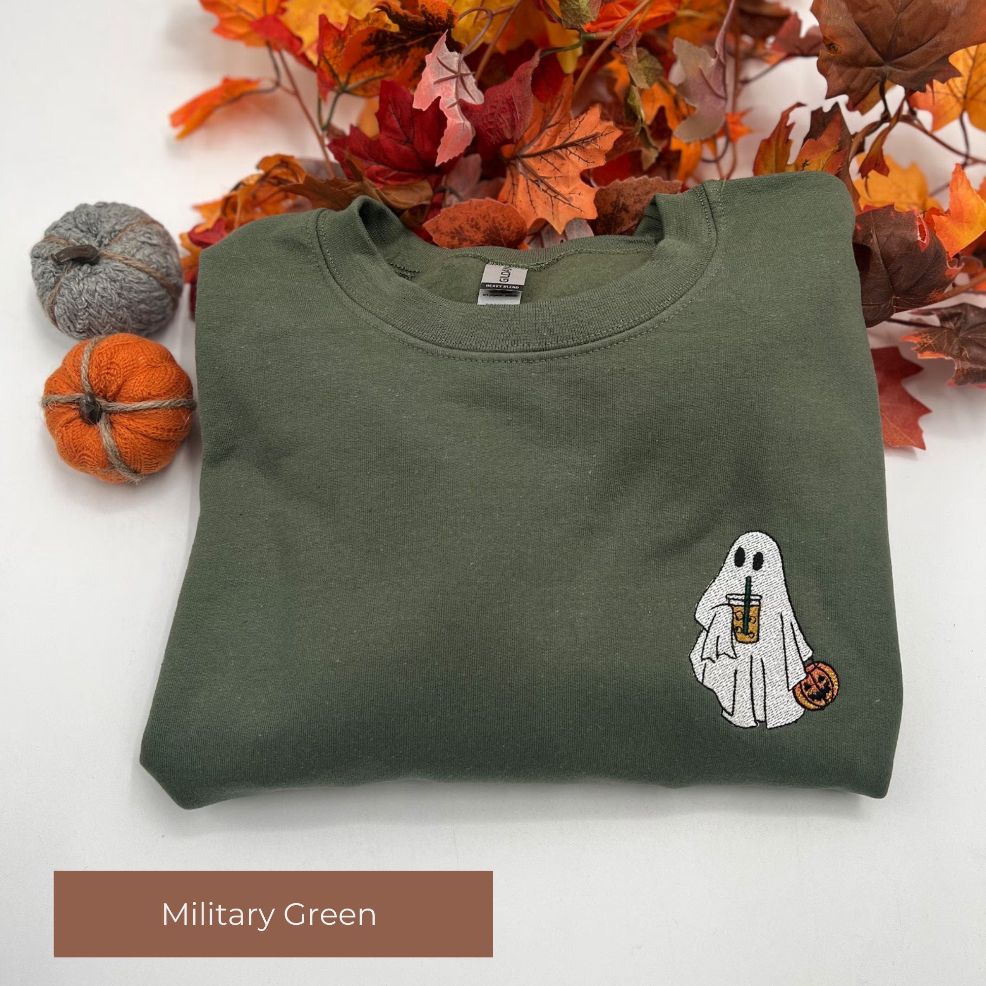 Pumpkin Ghost with Iced Coffee Embroidered Sweatshirt – Spooky Cute Halloween Pullover