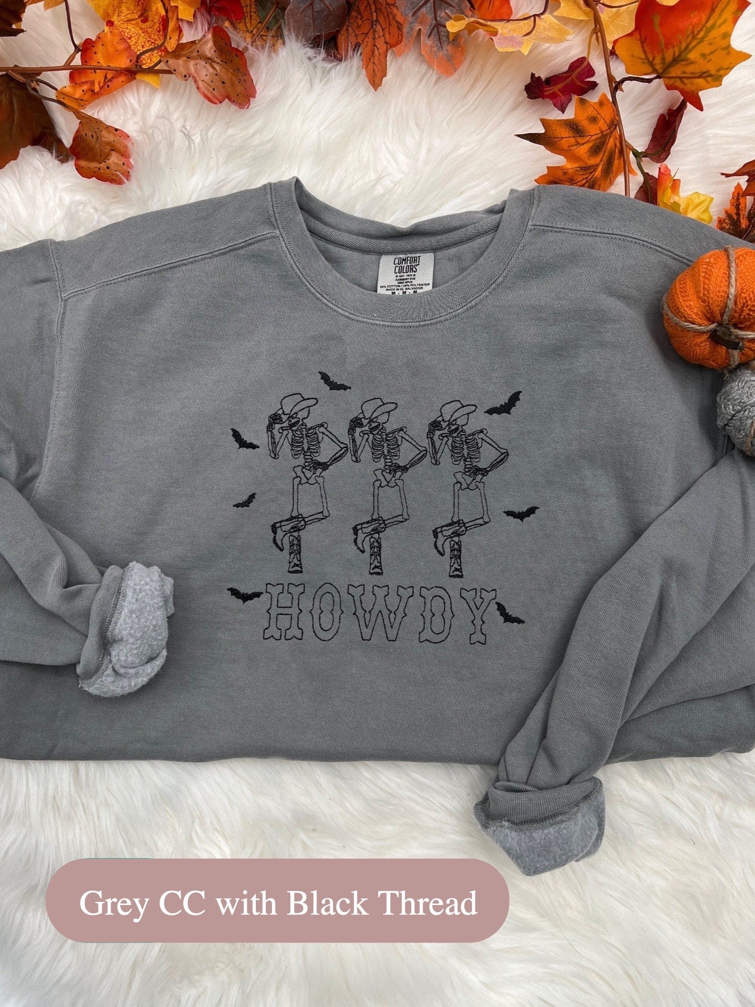 Howdy Ghost Embroidered Sweatshirt – Western Cowgirl Skeletons with Bats