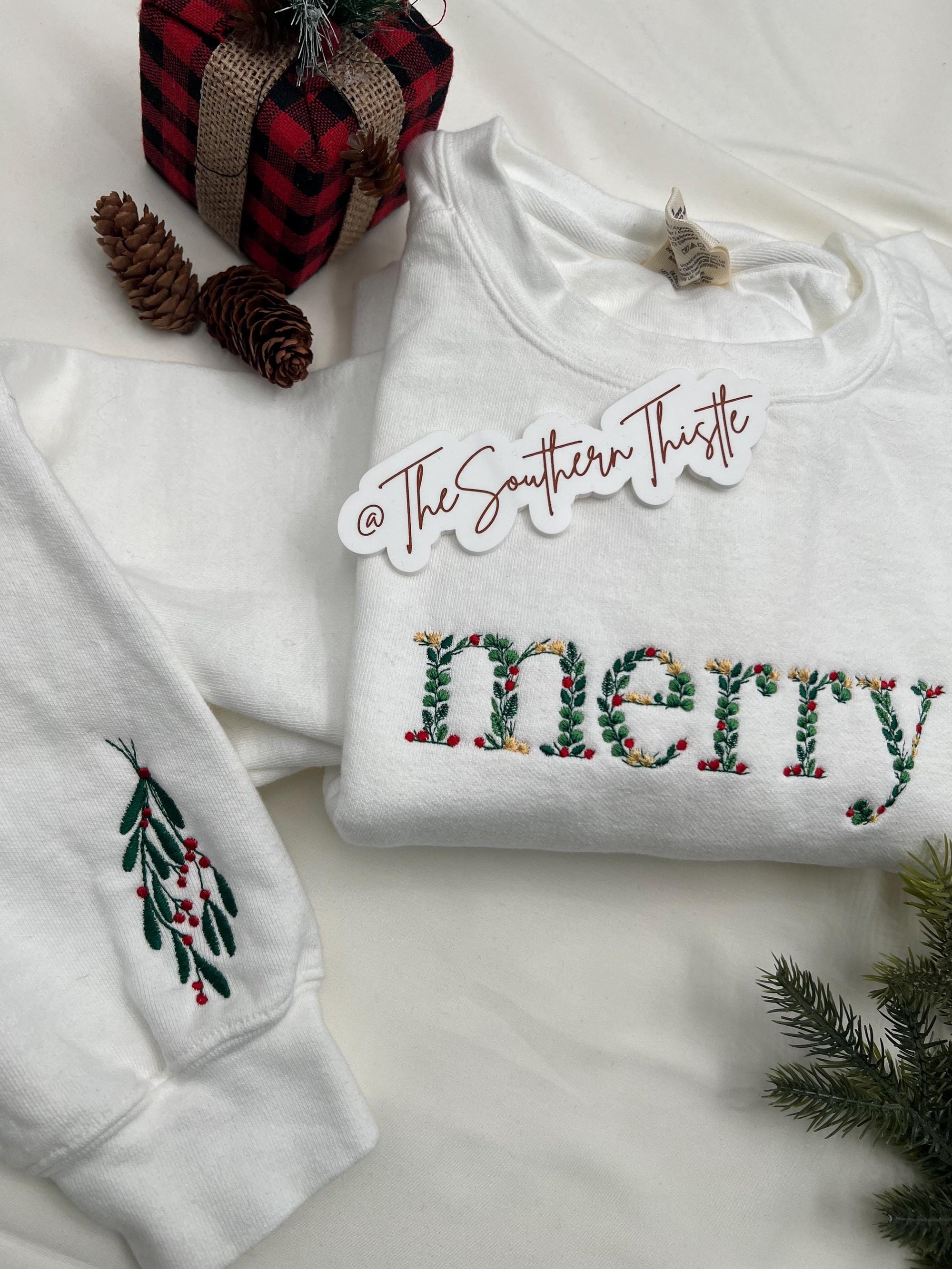 Embroidered Floral Christmas Sweatshirt - Cozy Custom Holiday Crewneck Gift