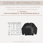 The image is a listing for a UNISEX COMFORT COLORS SWEATSHIRT, which is made of 80% RINGSpun Heavyweight cotton/20% Polyester. The shirt is designed to run small for an oversized fit, and the recommended size is 20 inches wide, 26 inches long, and 31 inches high. The image also includes a size chart for the shirt, which can be referred to for accurate ordering.