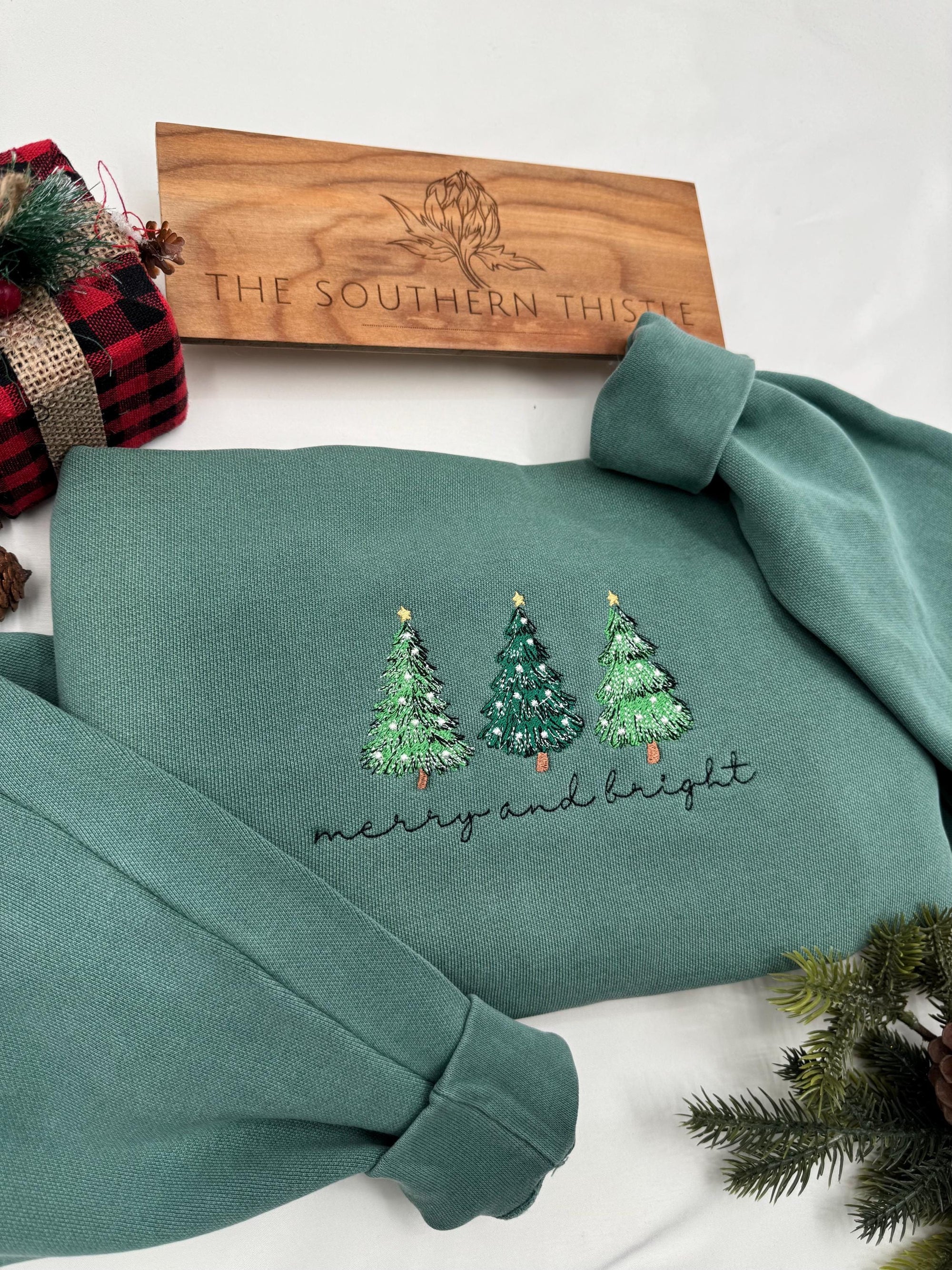 Merry & Bright Embroidered Sweatshirt – Festive Christmas Tree Crewneck