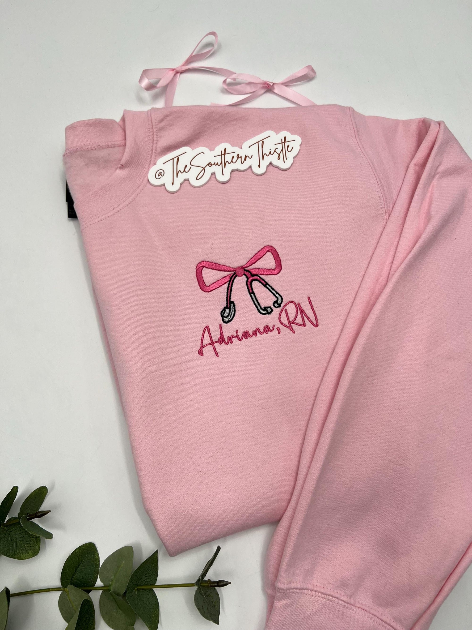 Custom Nurse Bow Embroidered Sweatshirt – Personalized RN Crewneck