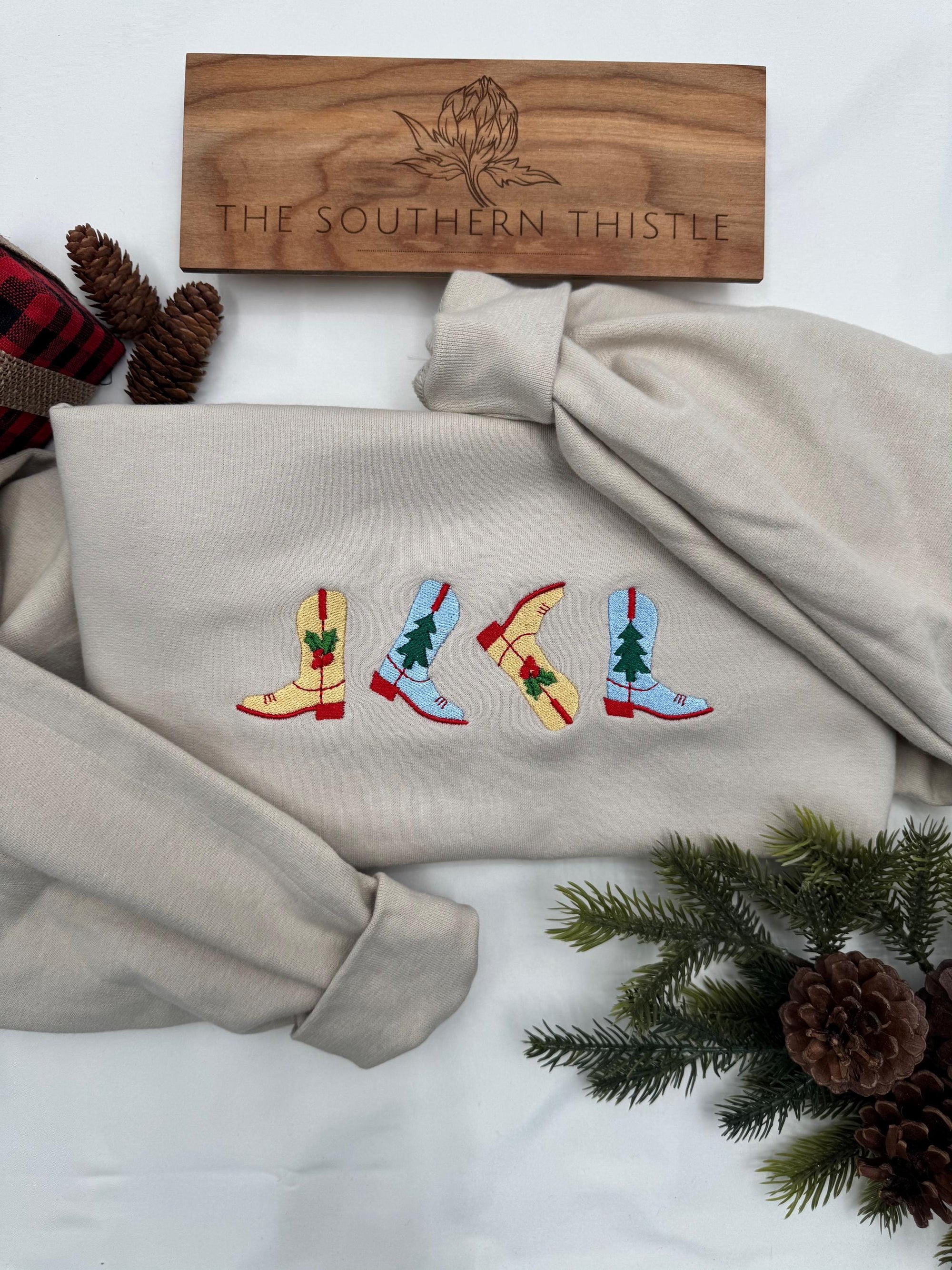 Western Christmas Boots Embroidered Sweatshirt – Festive Holiday Cowboy Crewneck