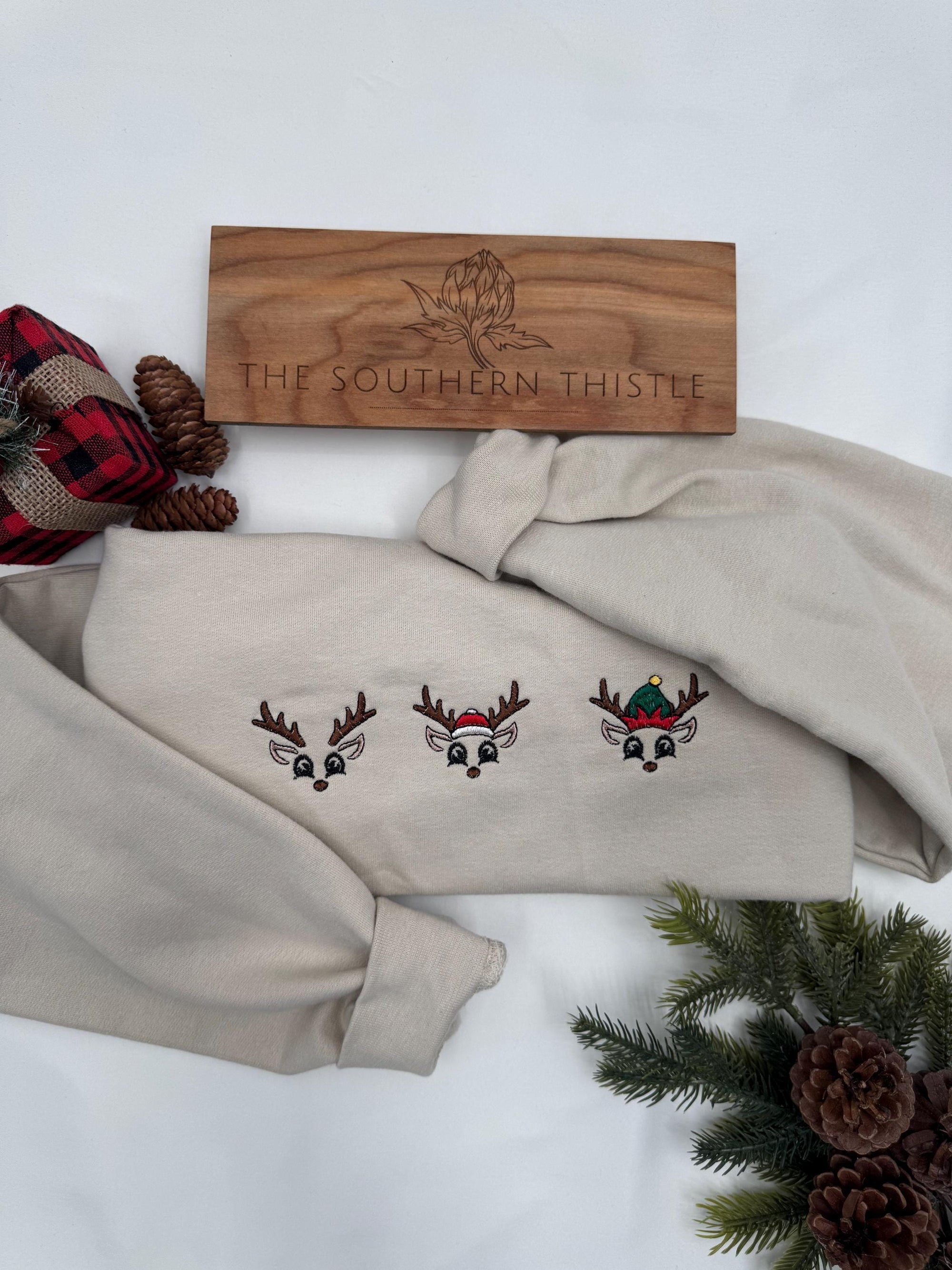 Embroidered Reindeer Christmas Sweatshirt - Matching Family Shirt - Holiday Group Shirt - Reindeer Crewneck - Merry Christmas Embroidered