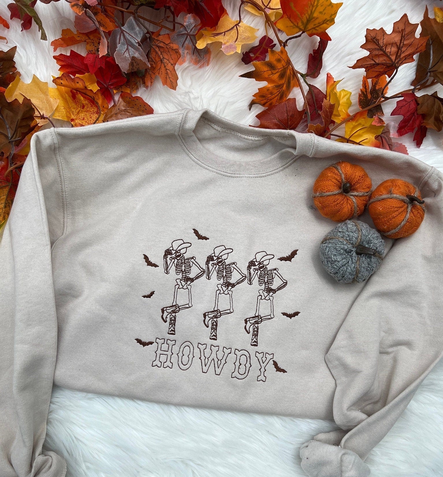 Howdy Ghost Embroidered Sweatshirt – Western Cowgirl Skeletons with Bats