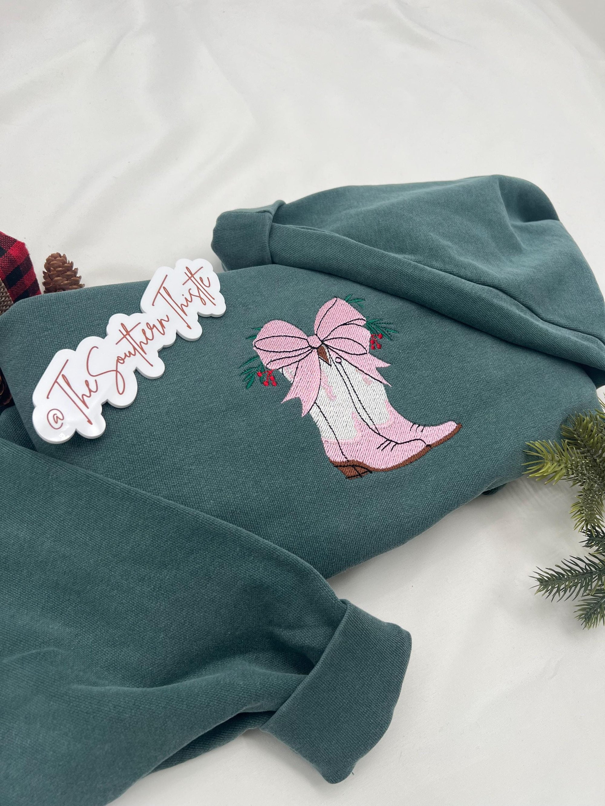 Holiday Boots Embroidered Sweatshirt - Western Christmas - Embroidered Holiday Crewneck - Festive Apparel for Women - Holiday Sweatshirt