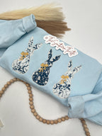 Trio of Bunnies Embroidered Sweatshirt – Spring Patchwork Bunny Design