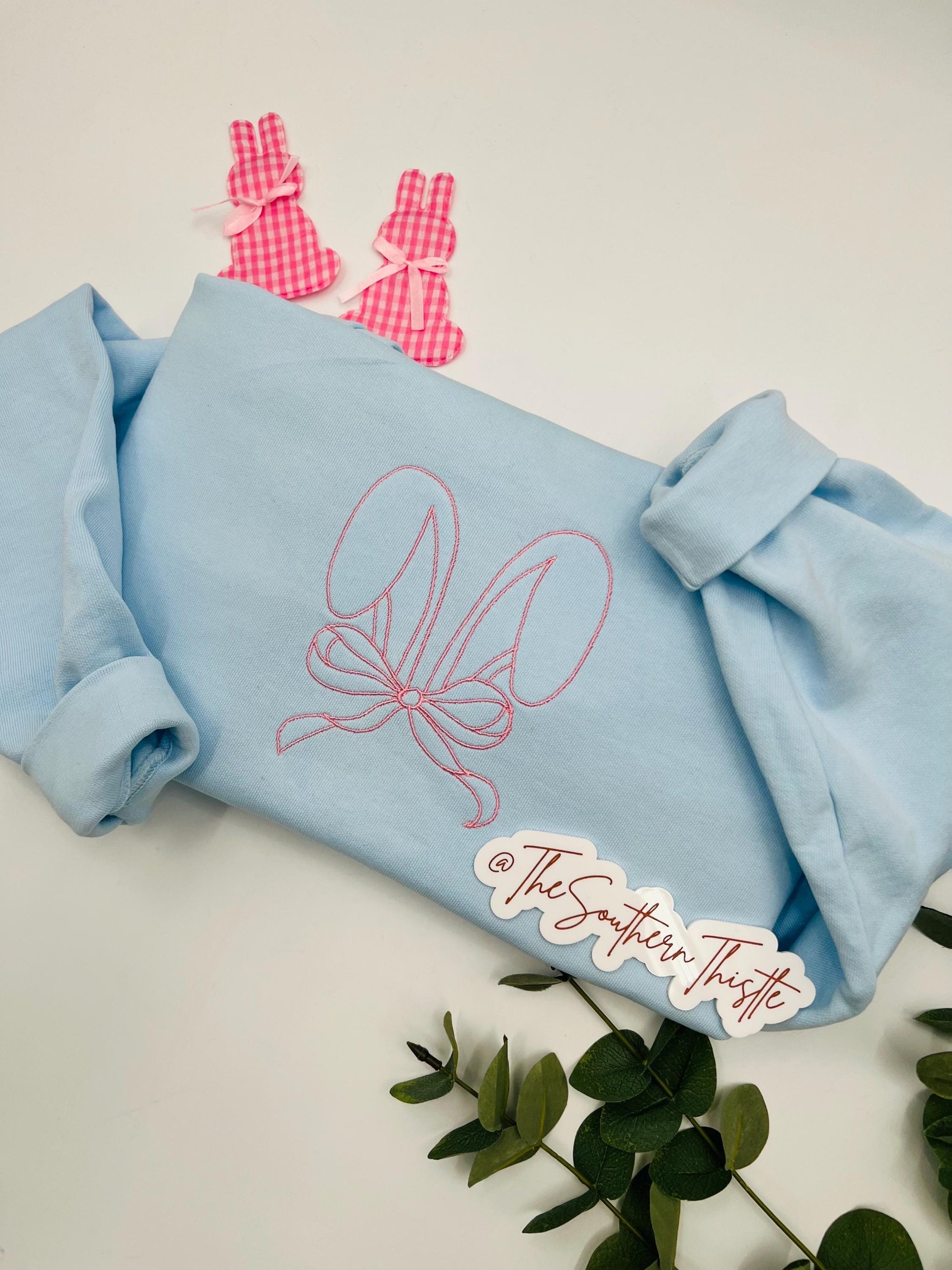 Easter Bunny Bow Embroidered Sweatshirt – Cute Spring Pastel Crewneck