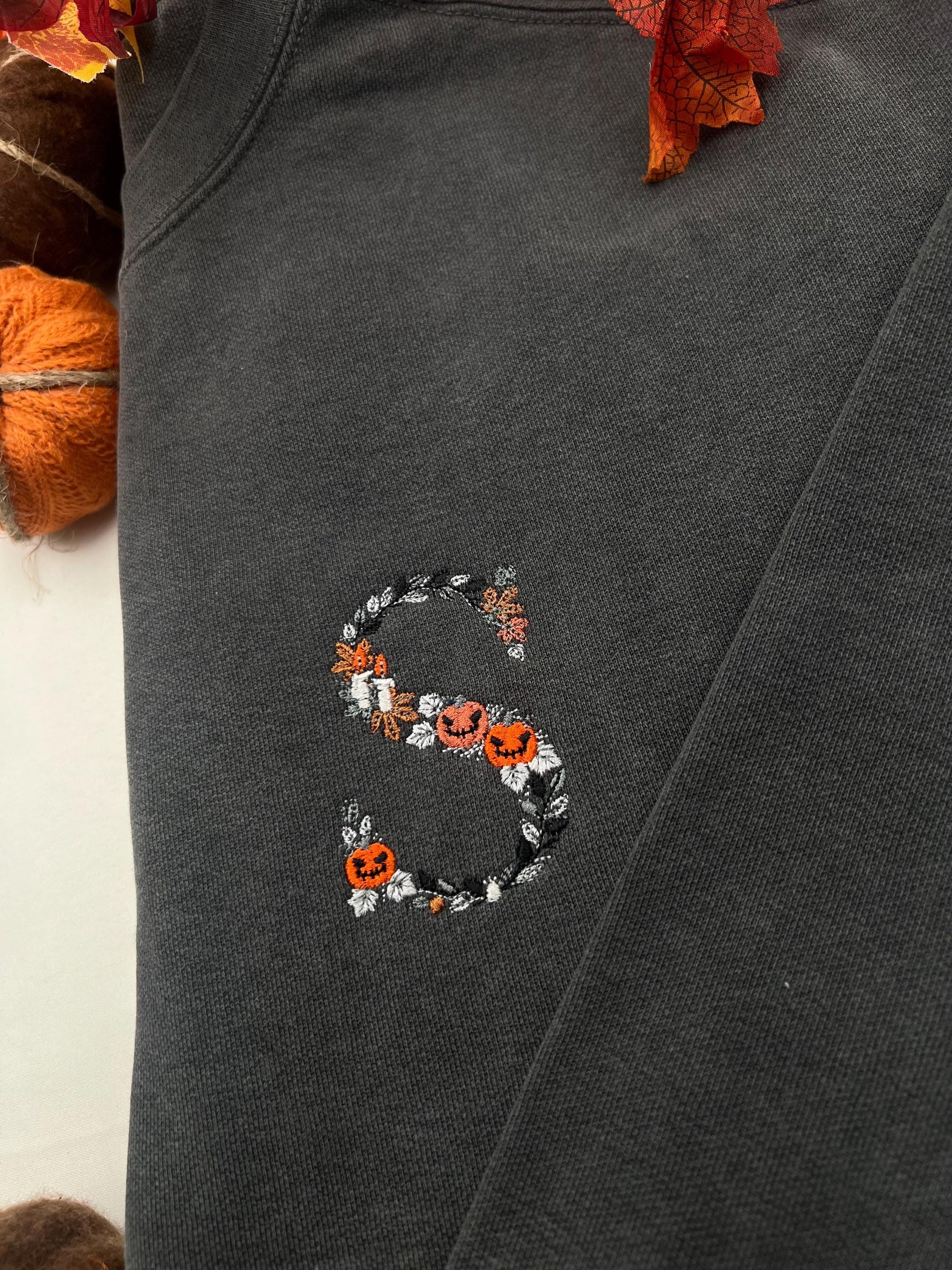 Halloween Floral Initial Embroidered Sweatshirt – Personalized Spooky Season Pullover