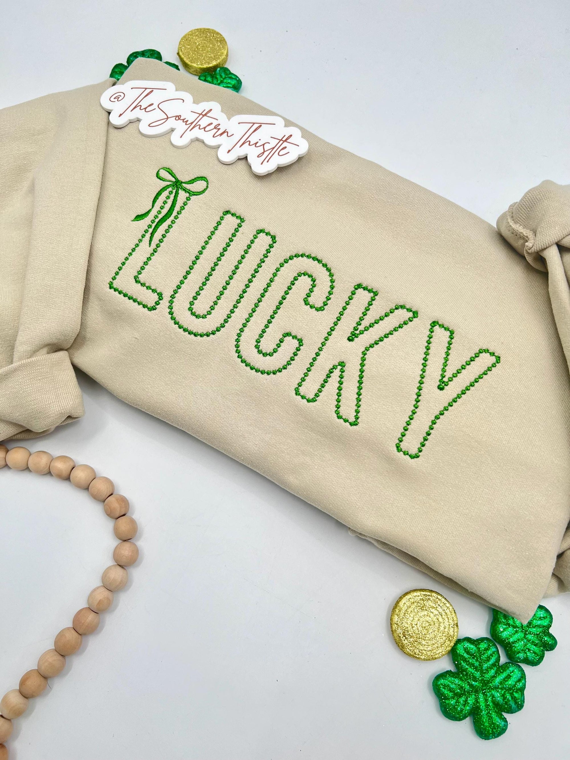 Lucky Bow Embroidered Sweatshirt – Stitched Lettering with Bow Accent