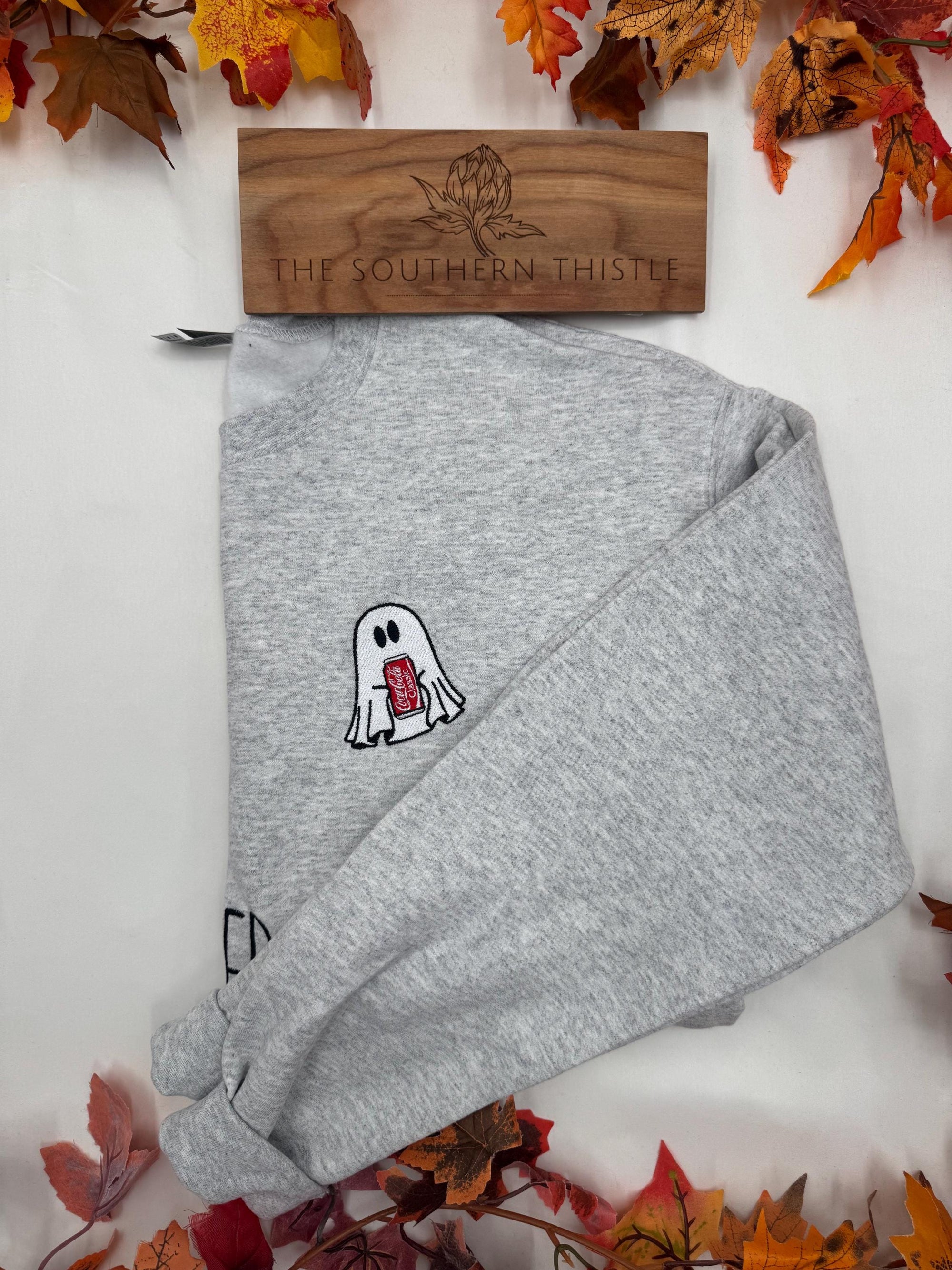 Embroidered Ghost Full Soda Sweatshirt - Embroidered Ghost, Fall Sweatshirt, Cute Ghost Sweatshirt, Halloween Crewneck, Halloween Shirt