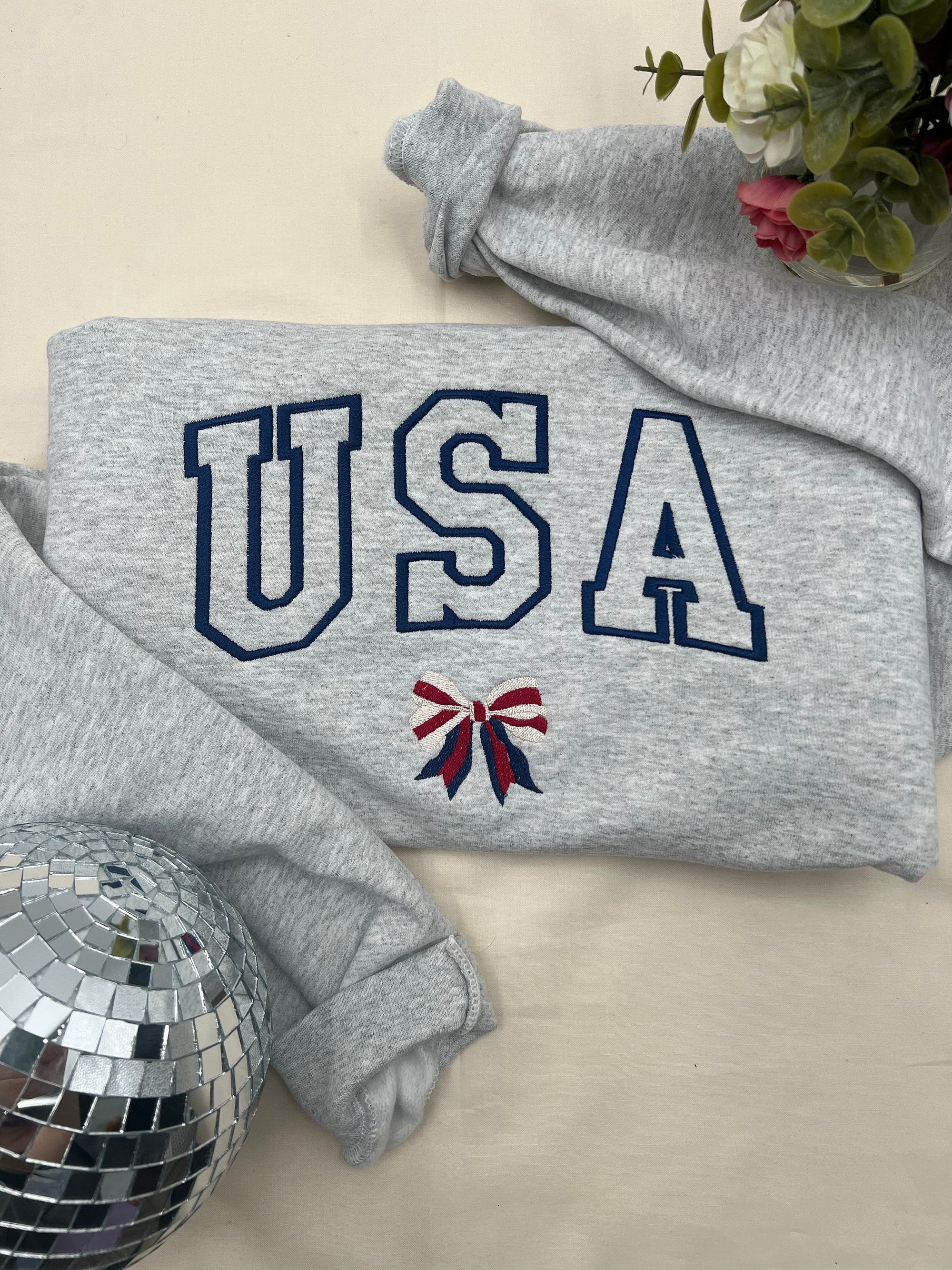 USA Bow Embroidered Sweatshirt – Patriotic Varsity Crewneck