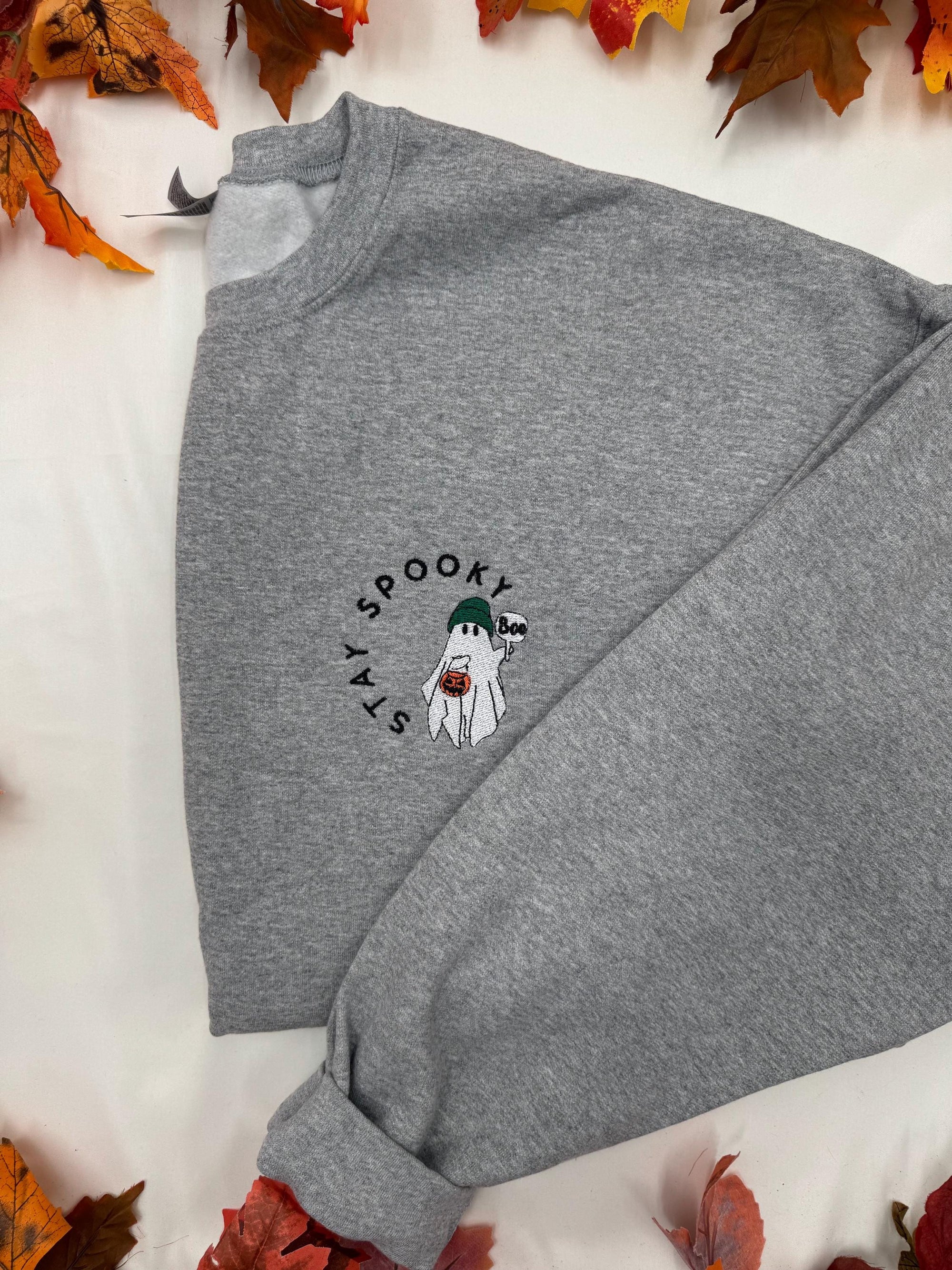 Stay Spooky Ghost Embroidered Sweatshirt – Cute Halloween Pullover