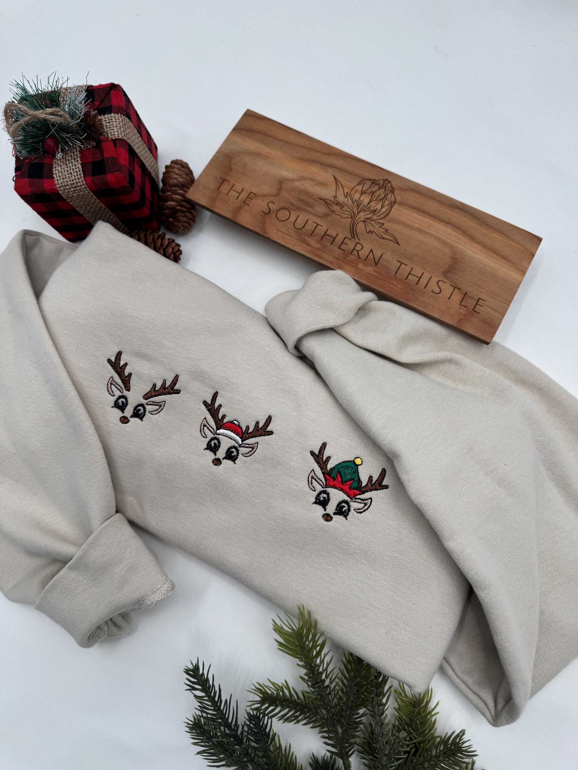 Embroidered Reindeer Christmas Sweatshirt - Matching Family Shirt - Holiday Group Shirt - Reindeer Crewneck - Merry Christmas Embroidered