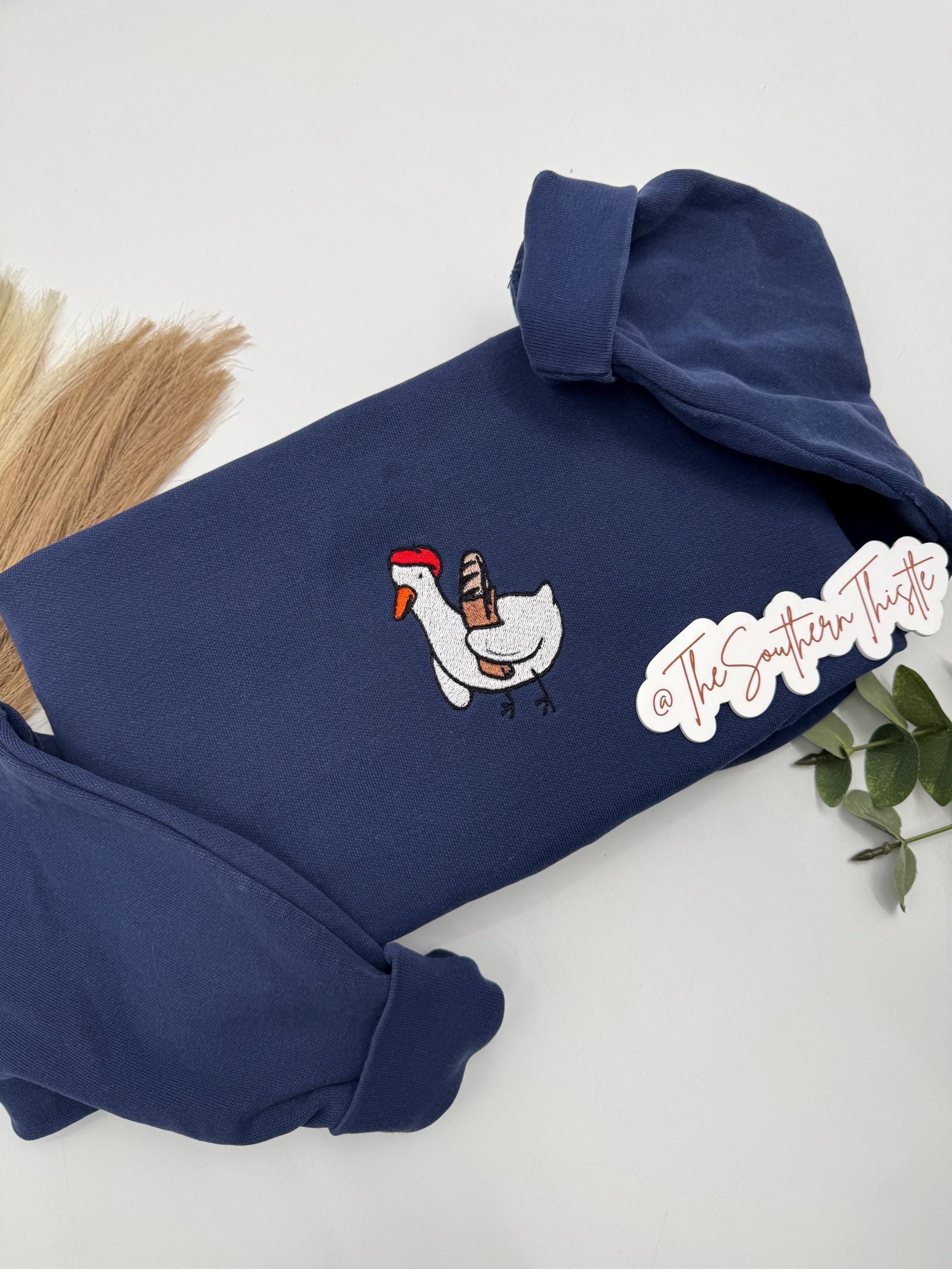 Baguette Goose Embroidered Sweatshirt – Whimsical Cozy Crewneck