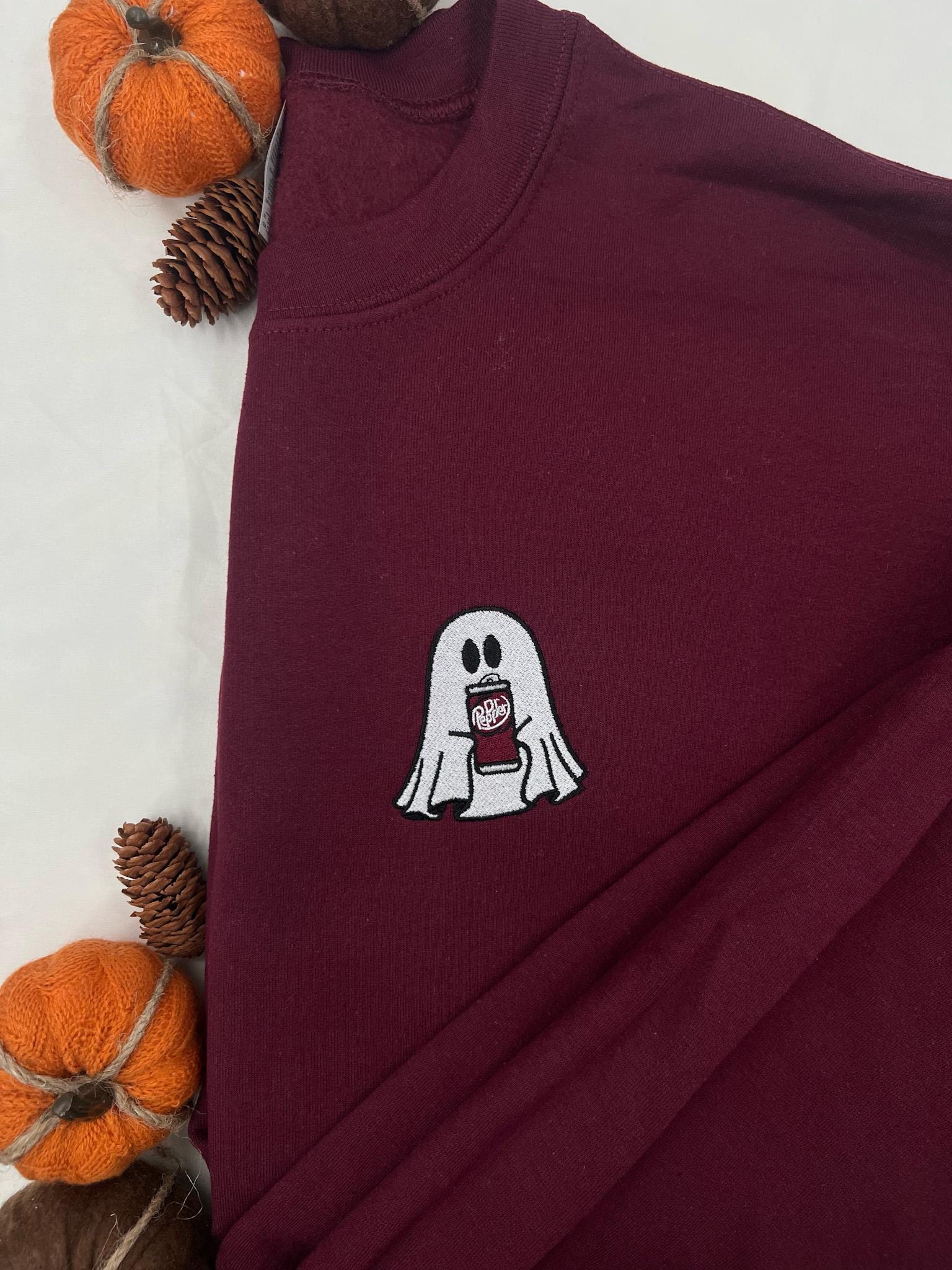 Dr Pepper Ghost Embroidered Sweatshirt – Mini Halloween Ghost with Soda Detail