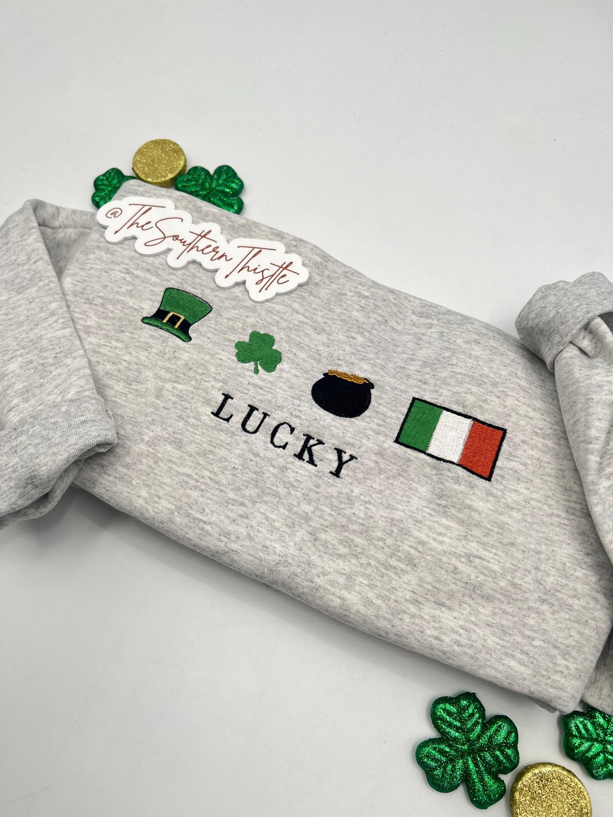 Lucky Icon Embroidered Sweatshirt – Festive Irish Symbols Crewneck