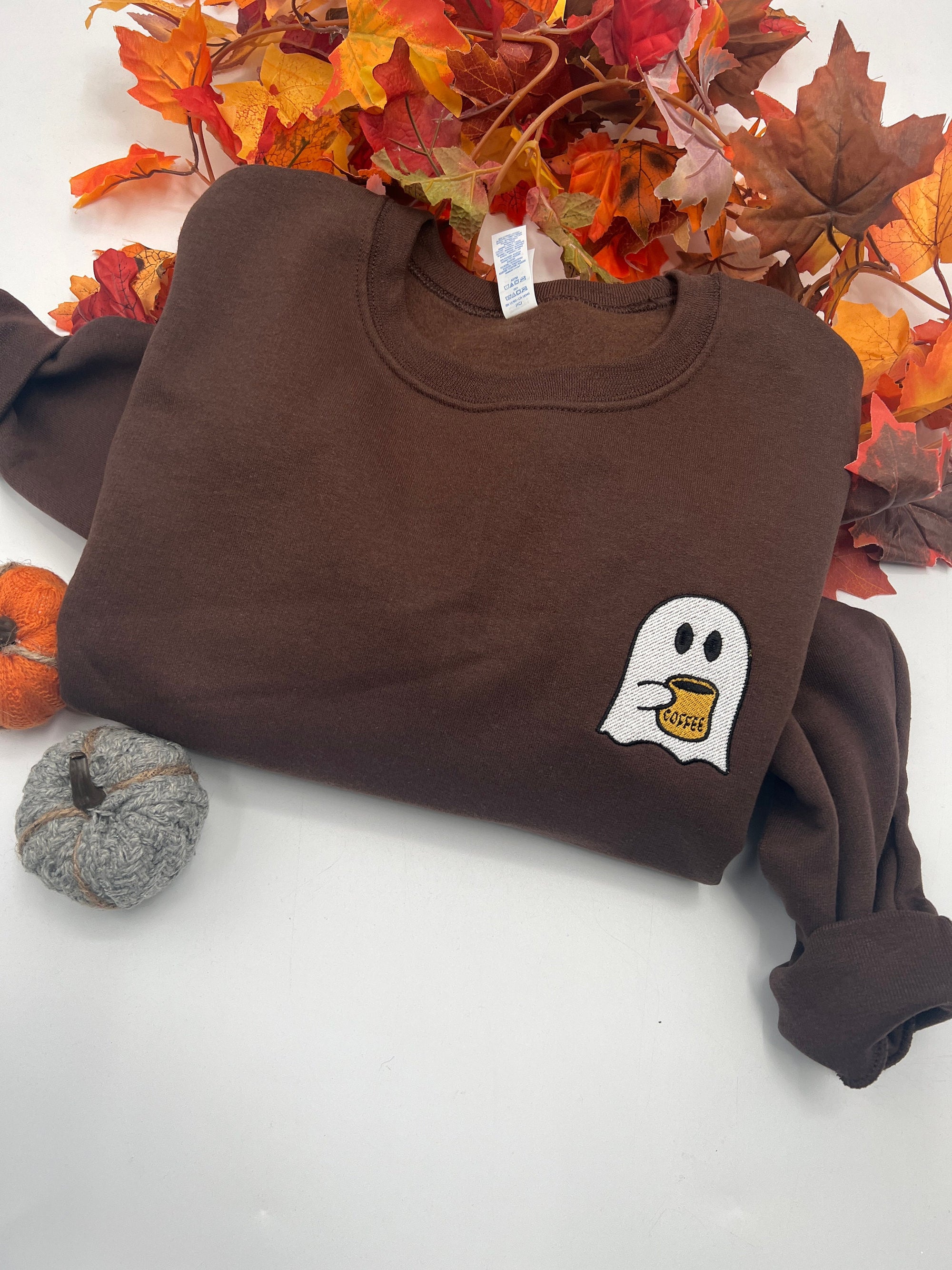 Coffee Ghost Embroidered Sweatshirt – Mini Ghost with a Fall Drink