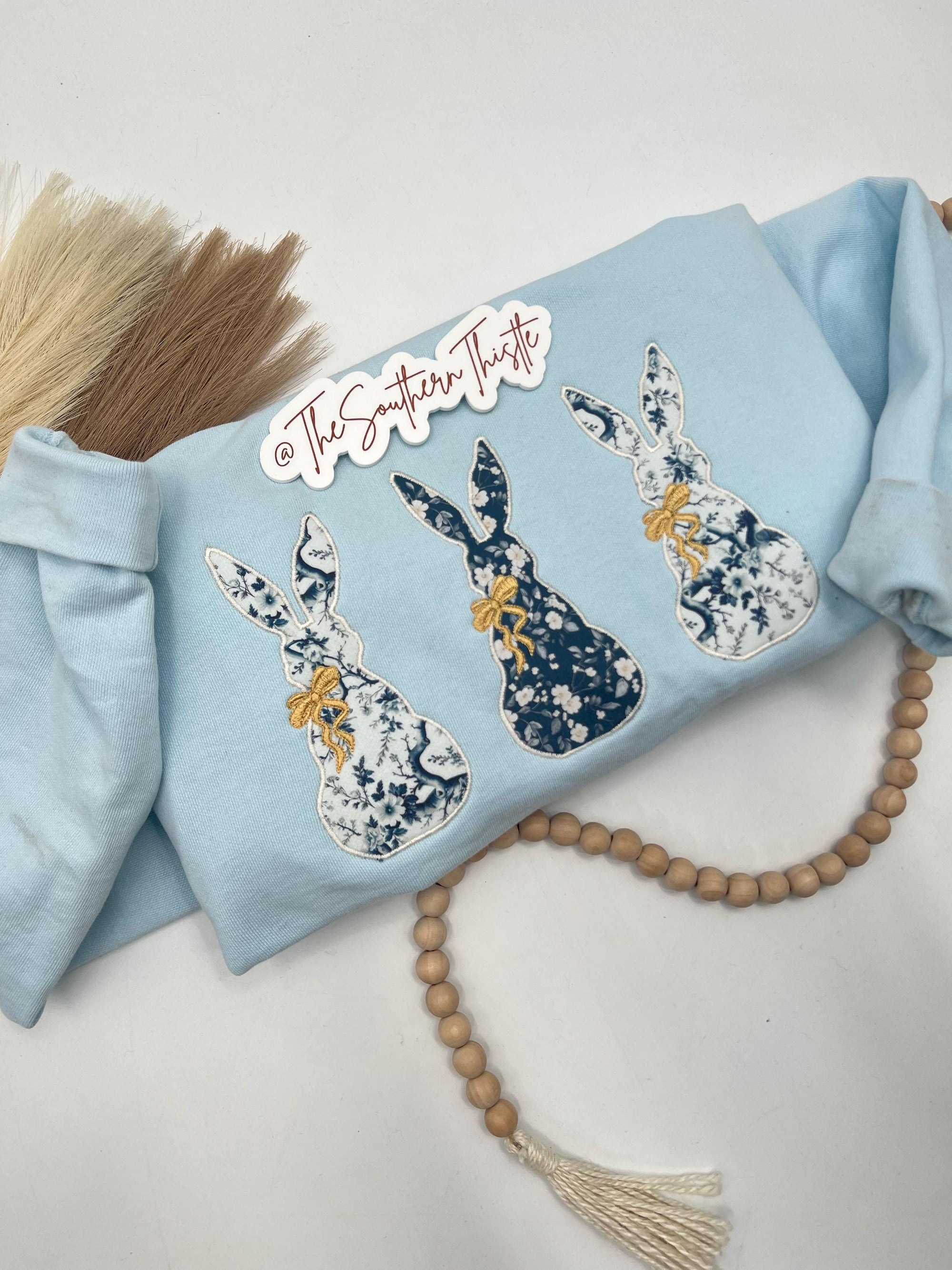 Trio of Bunnies Embroidered Sweatshirt – Spring Patchwork Bunny Design