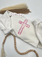 Pink Cross Embroidered Sweatshirt – Floral Faith-Inspired Crewneck