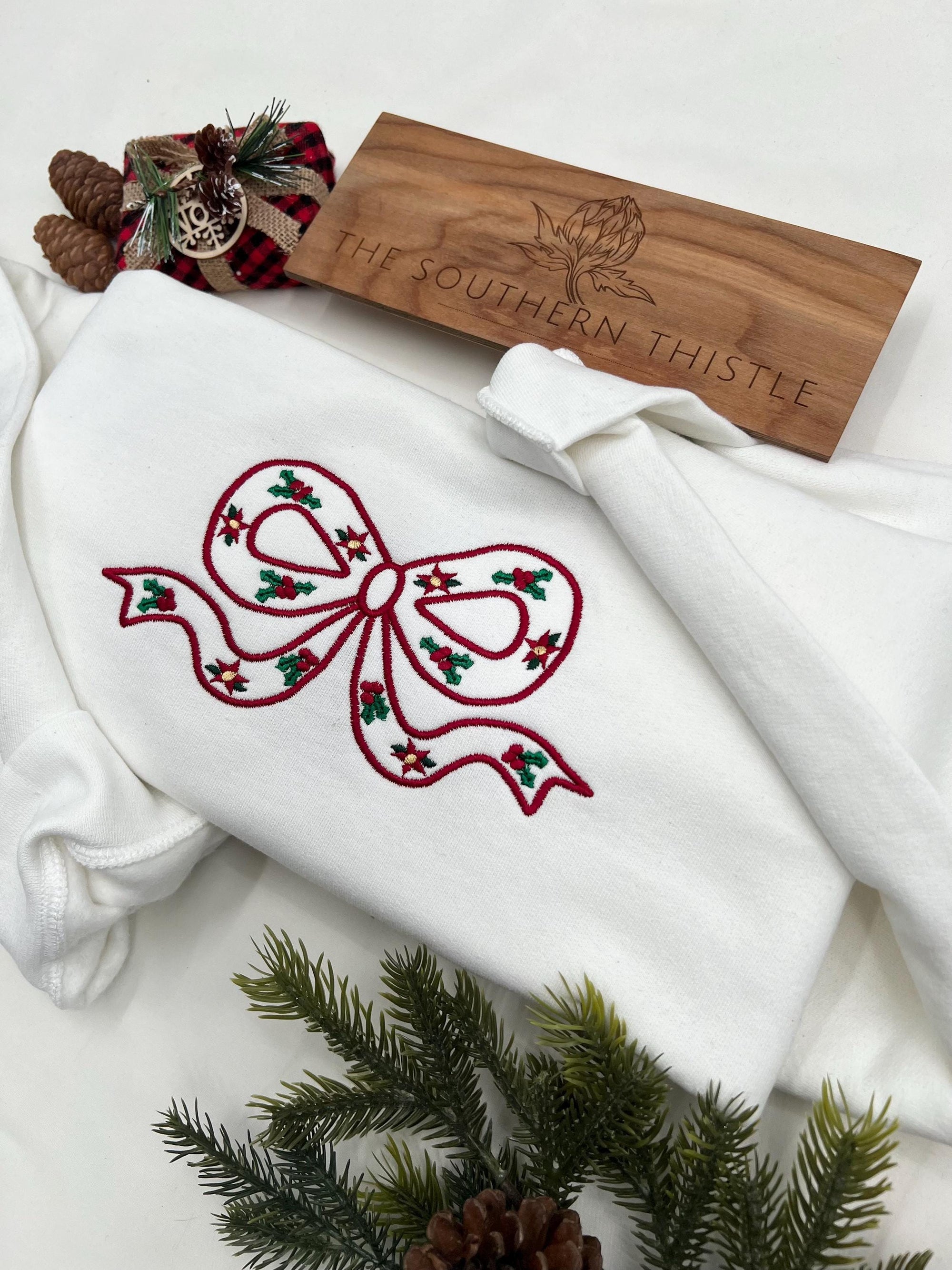 Embroidered Christmas Bow Sweatshirt - Custom Xmas Gift - Holiday Sweatshirt - Gift for Her - Bow Sweatshirt - Trendy Coquette Bow
