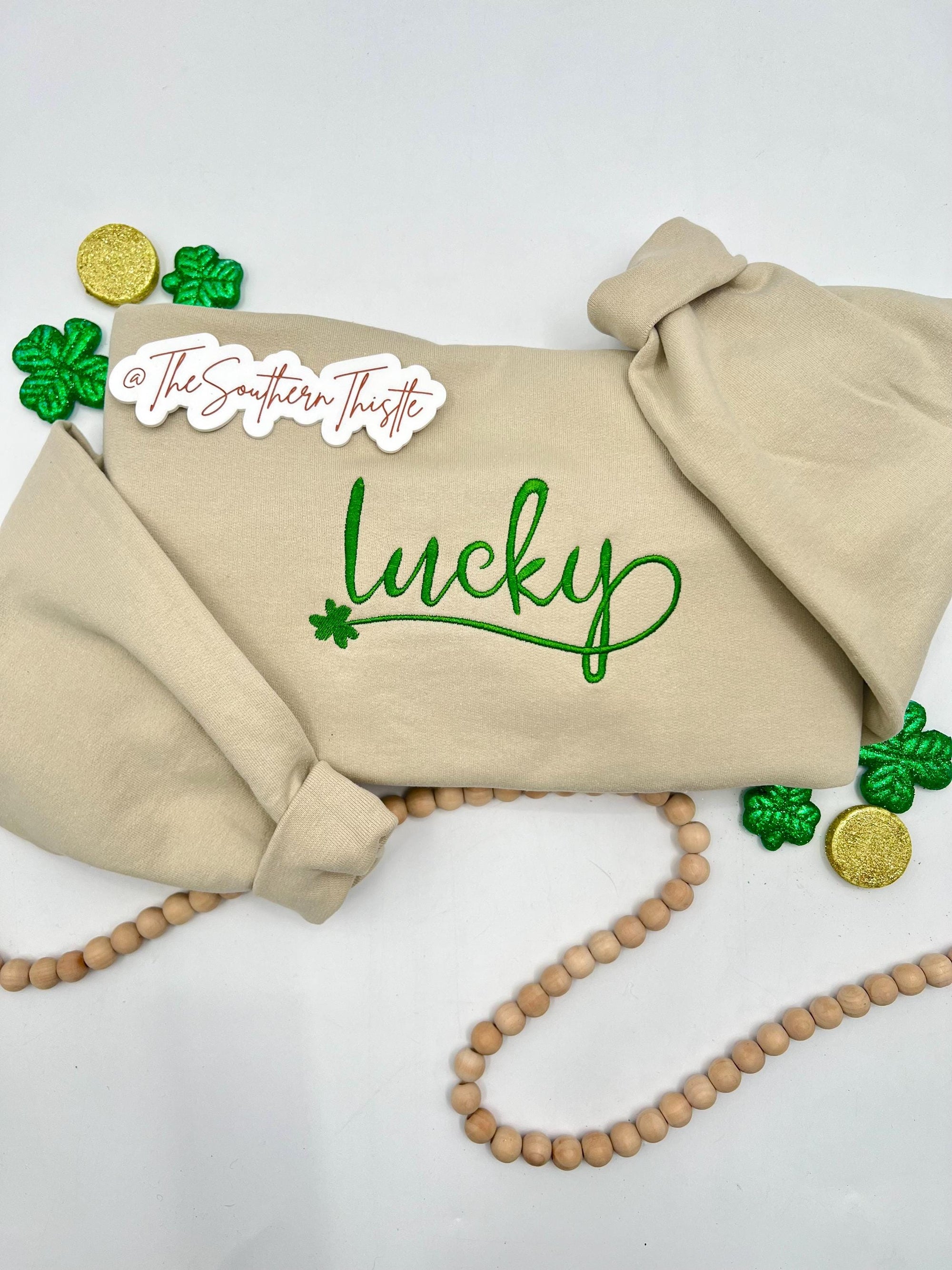 Lucky Script Embroidered Sweatshirt – Simple St. Patrick’s Day Crewneck